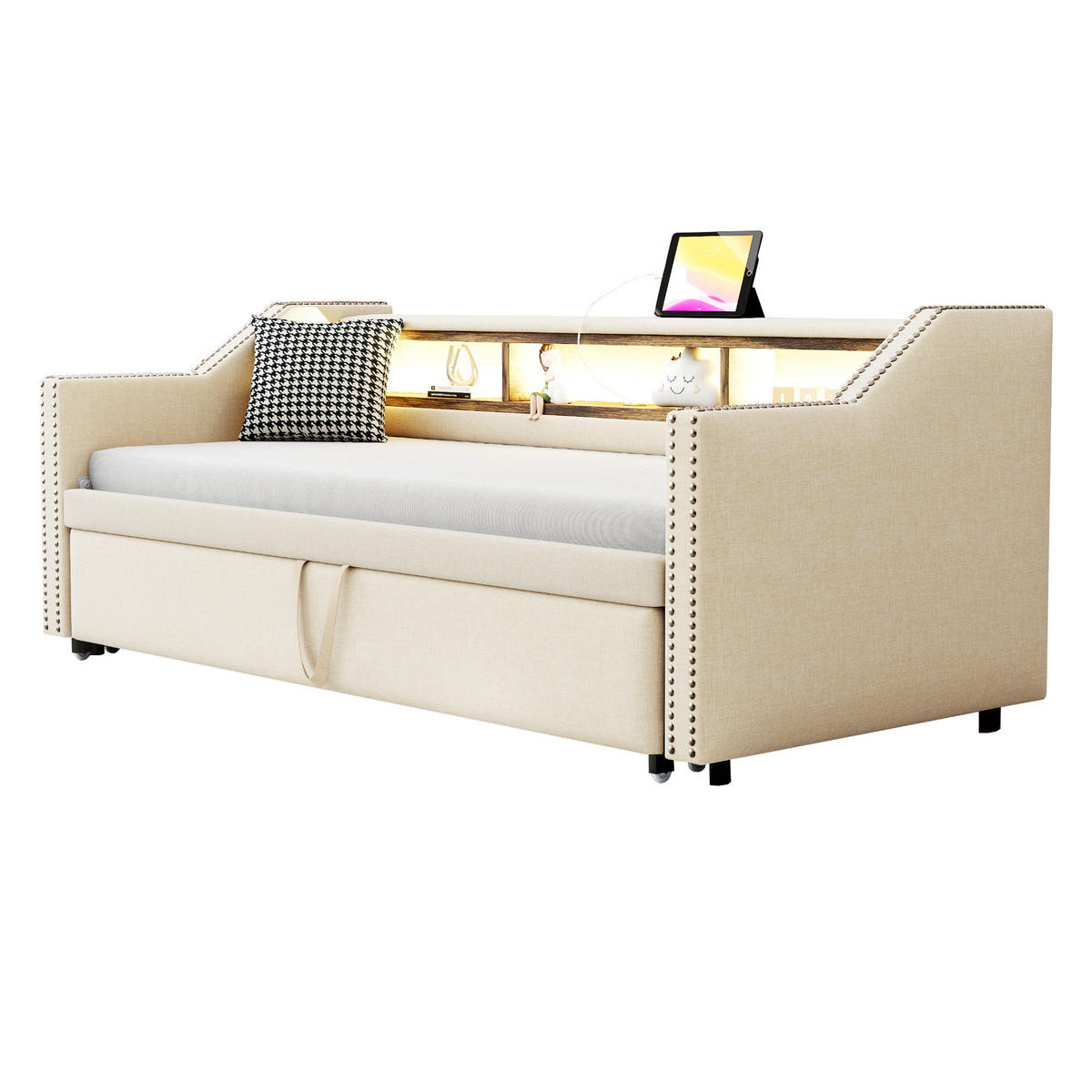 BETT Ausziehbar mit USB-Anschlüssen und LED-Beleuchtung Beige 90/190 cm - Beige, Textil (90/190cm) - OKWISH