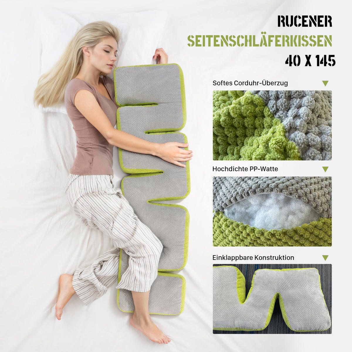 KISSEN doppelseitig und zweifarbig 160cm - Hellgrau/Grün, Textil (15/158cm) - Vercart