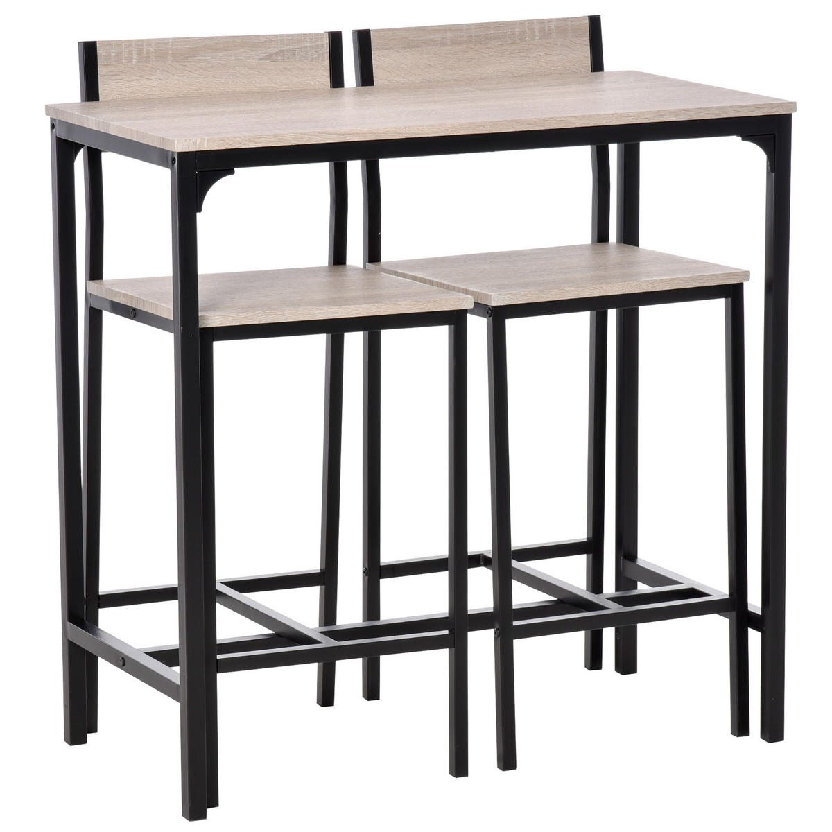 BARTISCH-SET 3-tlg. DE-08007 mit 2 Barhockern und Rückenlehne Naturholz - Naturfarben, Metall (45/87/89cm) - ComfortXL