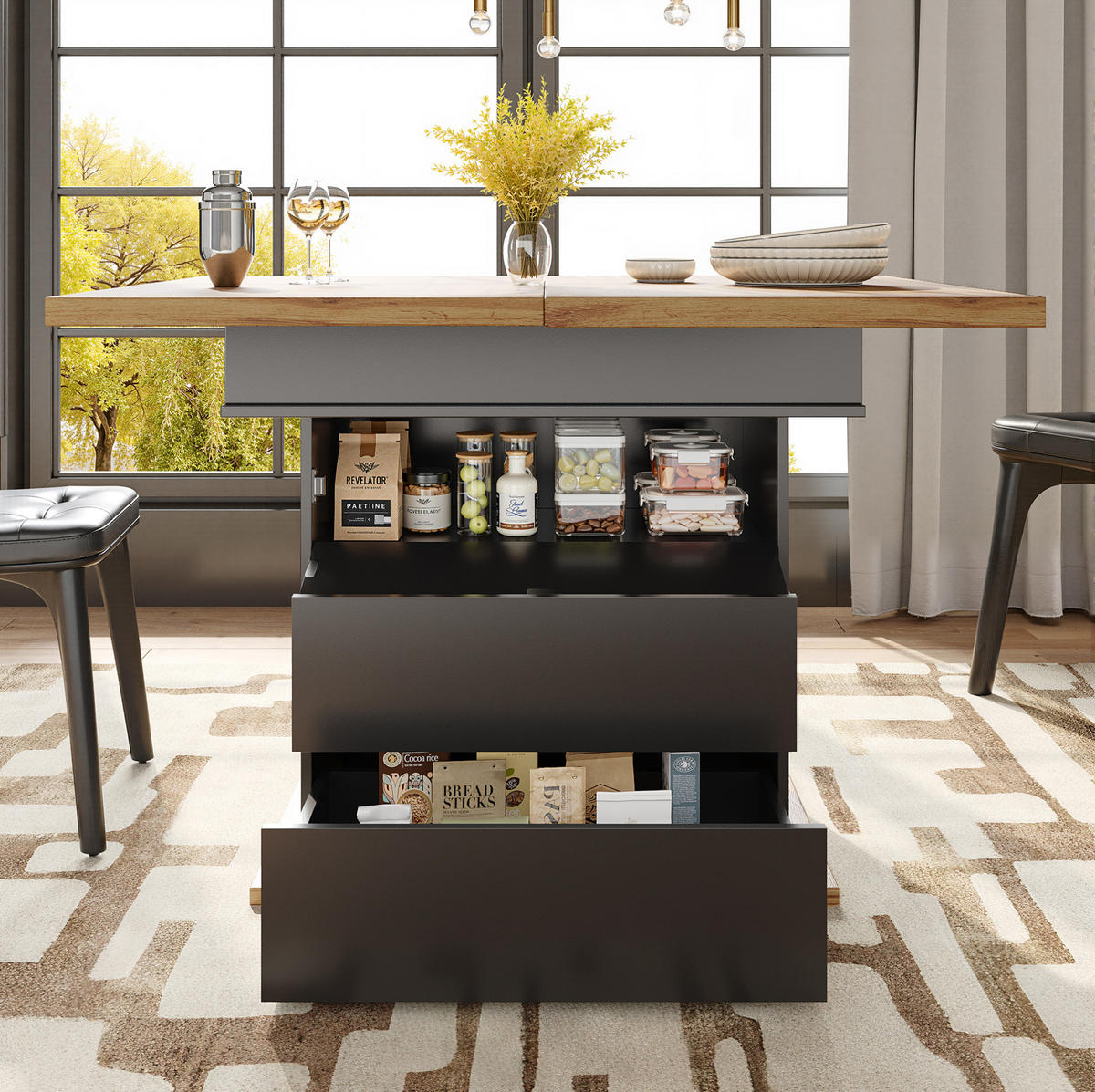 ESSTISCH 110-140/80/75 cm in Schwarz/Natur aus MDF mit Stauraum - Schwarz, Holzwerkstoff (110/80/75cm) - Flora Grace