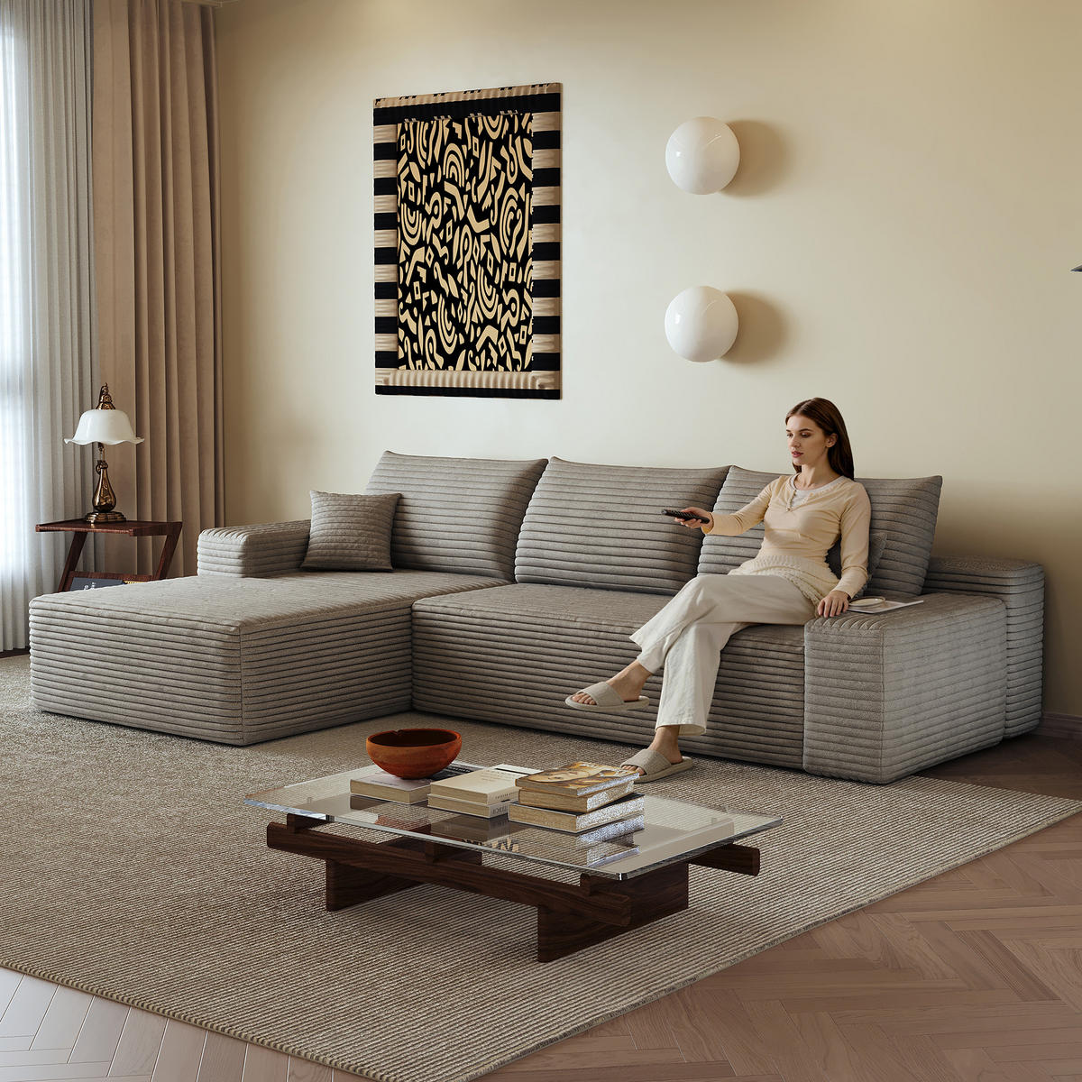 ECKSOFA 270/175/83 cm Kamel Cord mit Chaiselongue, Linke Seite - Braun/Cappuccino, Textil (270/175cm) - Oxeza