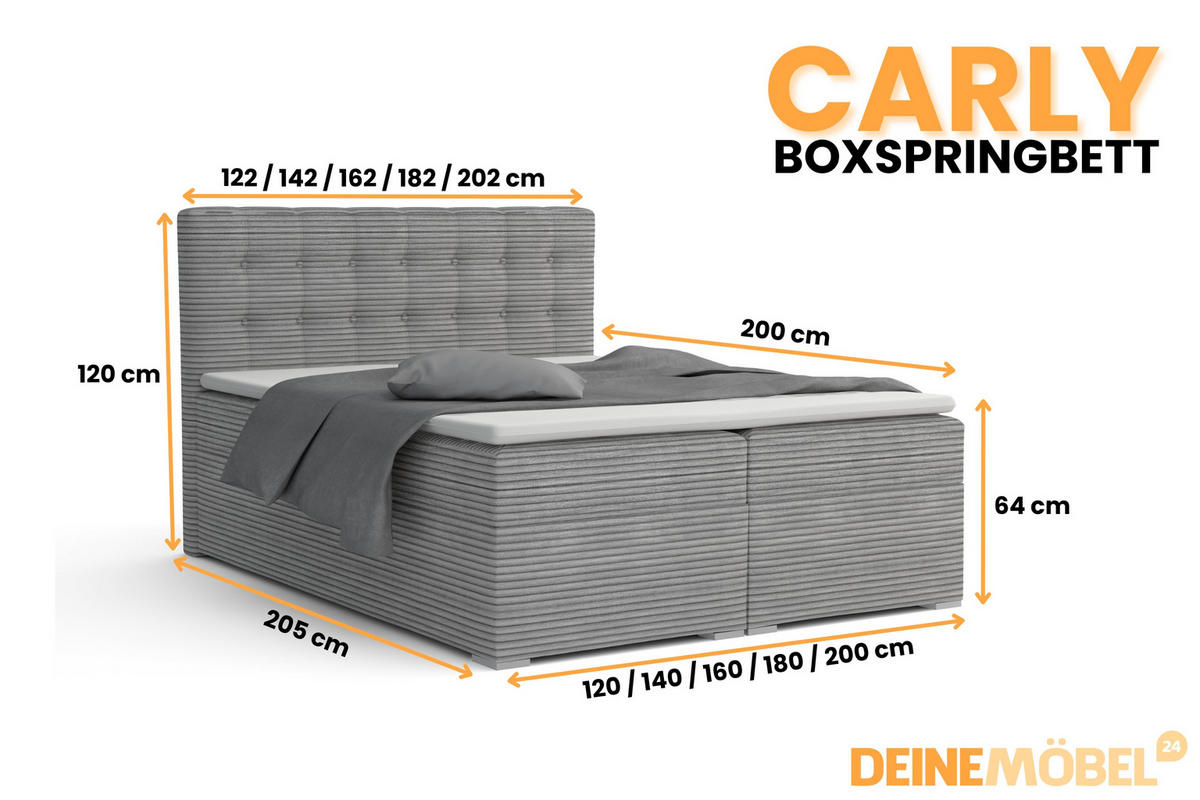 BOXBETT CARLY 140/200 in Cord Hellgrau mit Taschen-Federkernmatratzen 7 Zonen H4 - Hellgrau, Holz/Holzwerkstoff (140/200cm) - Deine Möbel 24