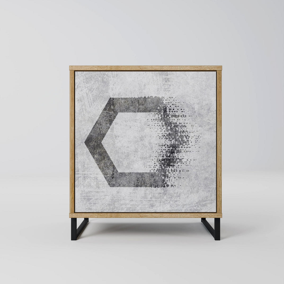 SIDEBOARD HEXAGONAL FIGURES, Eichefarben, 57,5x42x70,5 cm, Schwarze Metall-Sternfüße - Eichefarben/Multicolor, Holzwerkstoff/Metall (57.5/70.5/42cm) - SpaceRebels