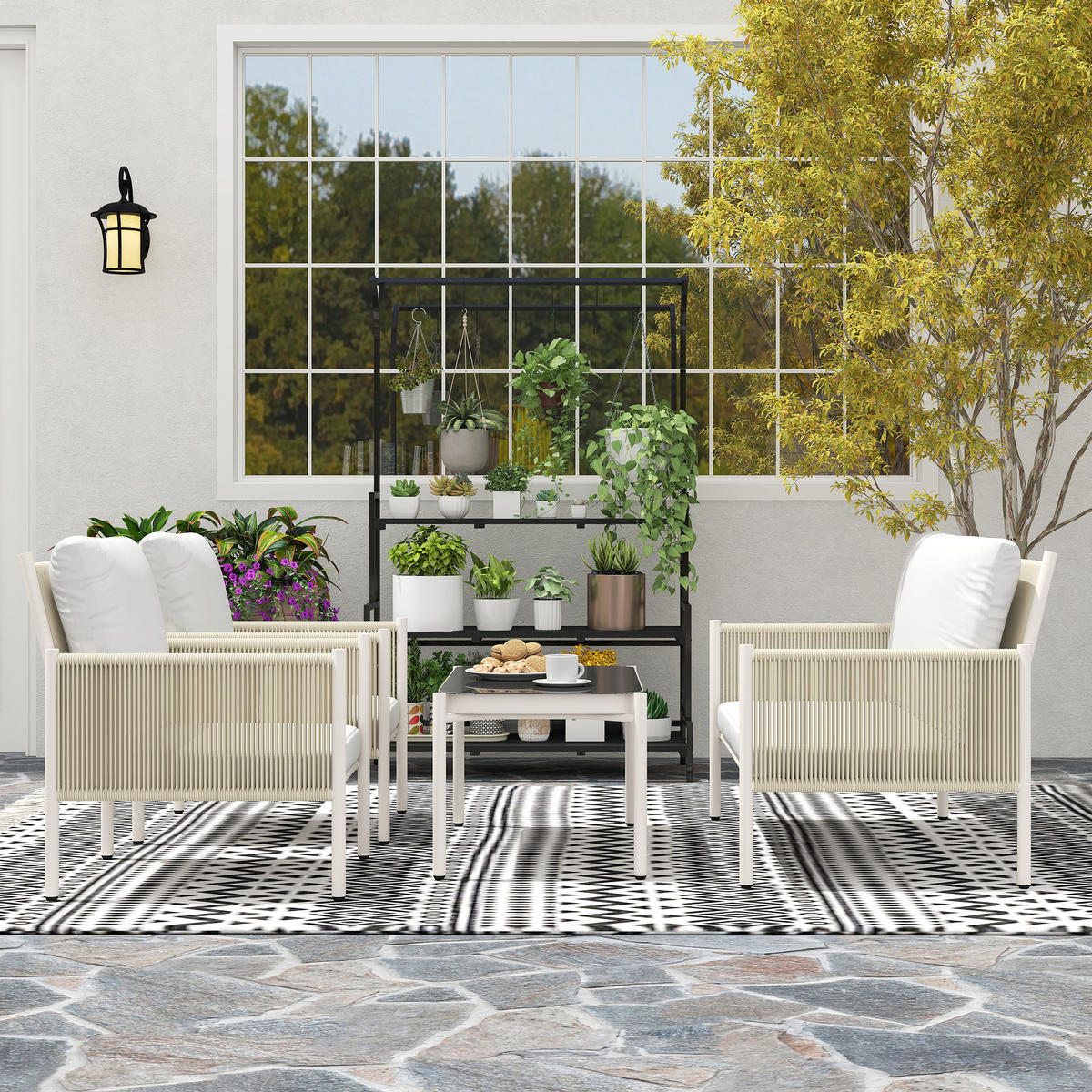 GARTENMÖBEL LOUNGE-SET DE-06736 4-teilig, mit Glastisch Braun/Grau - Hellgrau, Kunststoff/Metall - ComfortXL