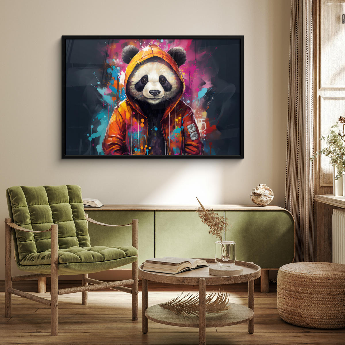 POSTER MIT RAHMEN Panda - Jacke - Graffiti - Orange 120x80 cm - Orange, Papier (120/80cm) - MuchoWow