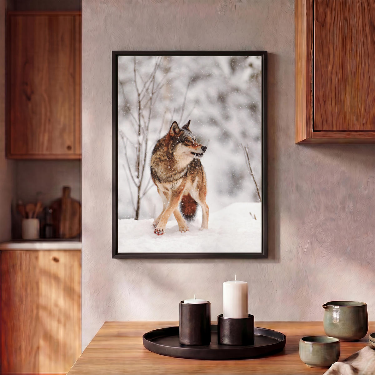 LEINWAND Bilder mit Rahmen - Wolf - Winter - Schnee - Natur - Tiere - 30x40 - Haselnussfarben, Textil (30/40cm) - MuchoWow