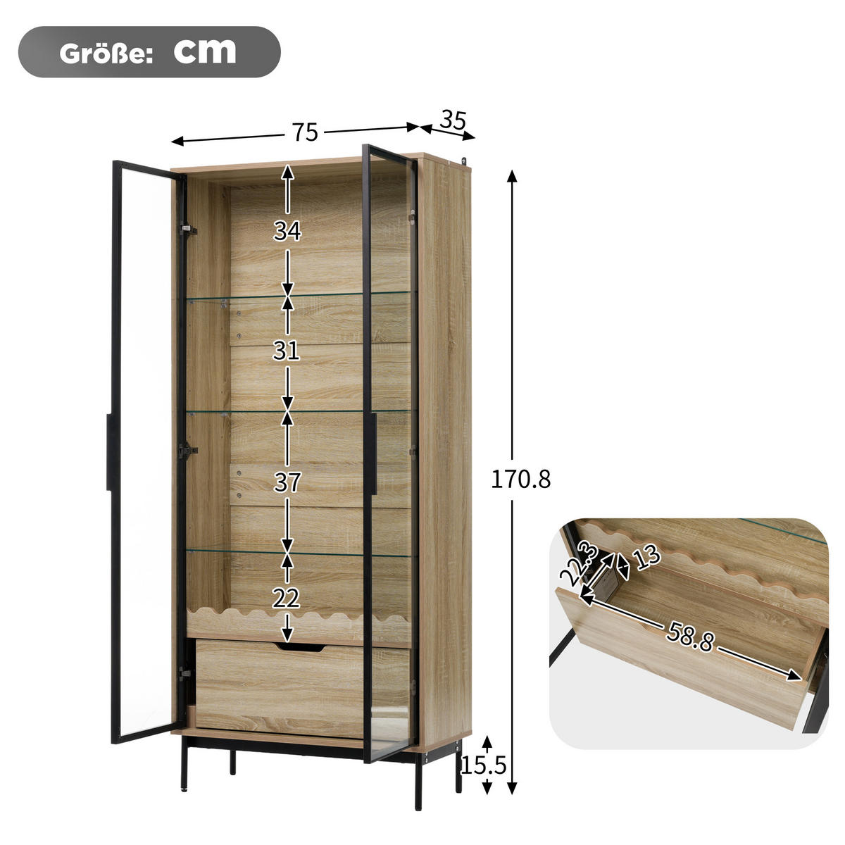 VITRINE in Naturfarben mit Glastür und Schublade für Wohnzimmer, B75/T35/H170,8 cm - Transparent/Naturfarben, Glas/Holzwerkstoff (75/170.8/35cm) - STILVORA