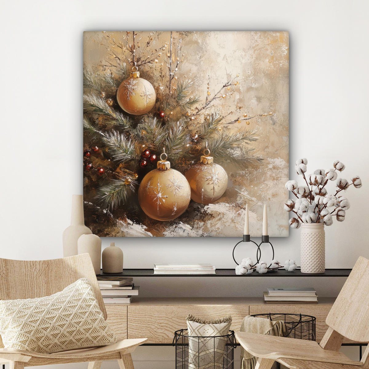 LEINWANDBILD Weihnachten - Kugeln - Beige - Gold Deko Groß 90x90 cm - Goldfarben, Textil (90/90cm) - MuchoWow