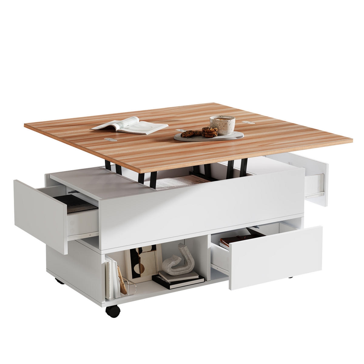 COUCHTISCH 100/50/52 cm weiß mit 4 Rollen und 4 Schubladen höhenverstellbar - Weiß, Holzwerkstoff (100/50/52cm) - OKWISH