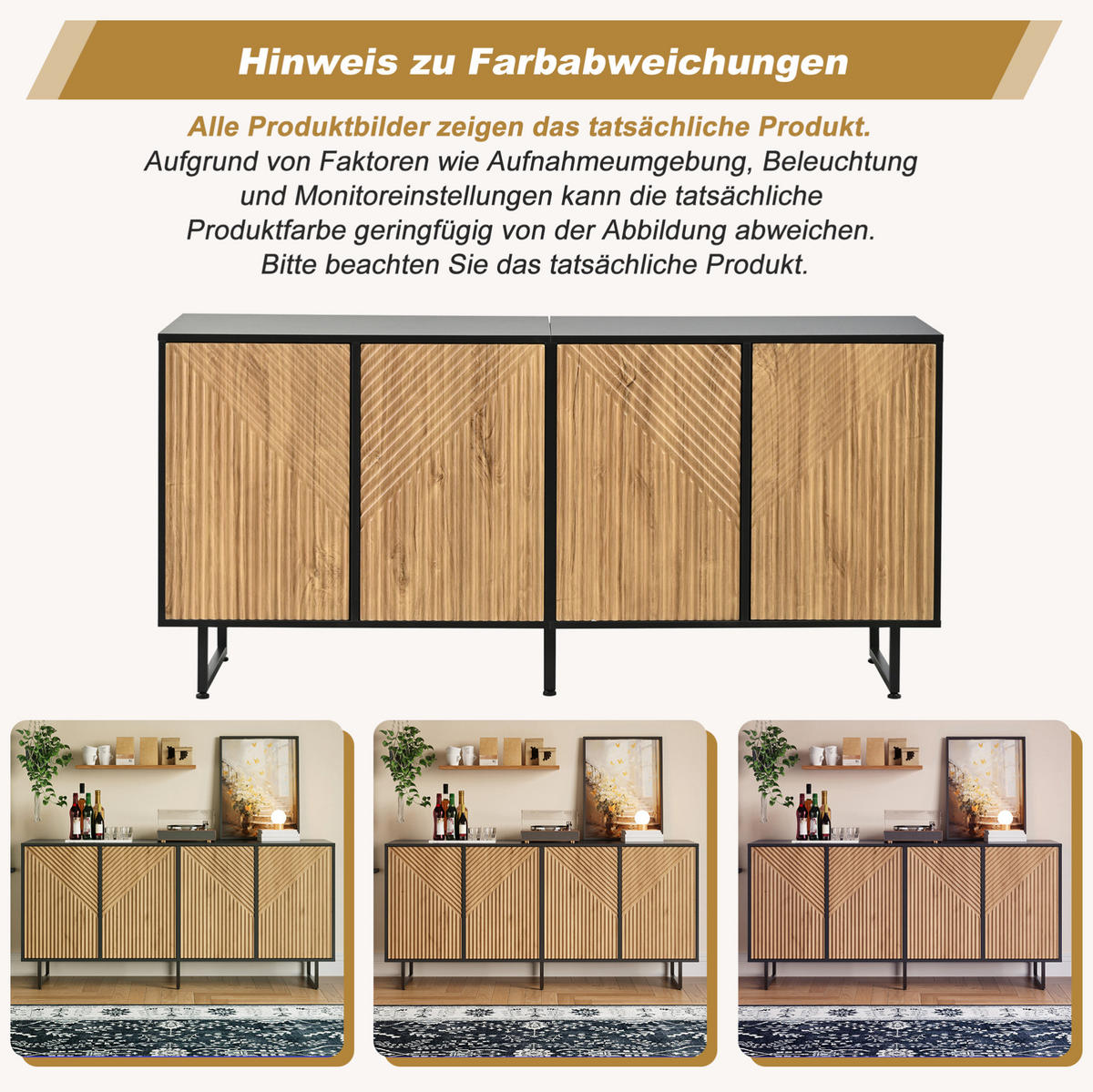 SIDEBOARD 160/40/75 cm mit 4 Türen und 8 Fächern, aus Spanplatte mit Eisenfüßen, Naturholz/Schwarz - Naturfarben, Holzwerkstoff (160/75/40cm) - Redom