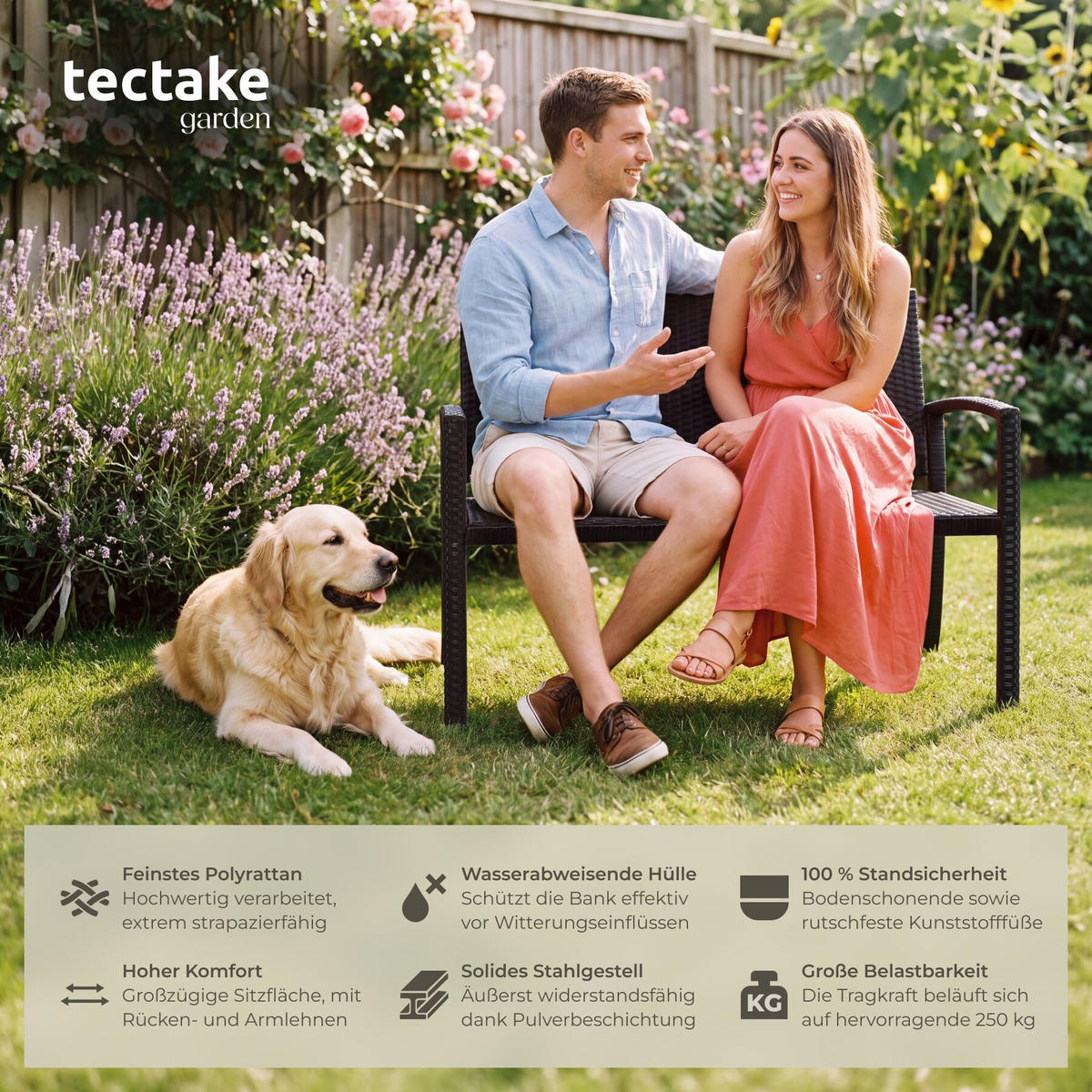 RATTAN-GARTENBANK Murat, 125 x 62,5 x 90 cm, inklusive Schutzhülle, schwarz - Schwarz, Kunststoff (125/90/62.5cm) - tectake