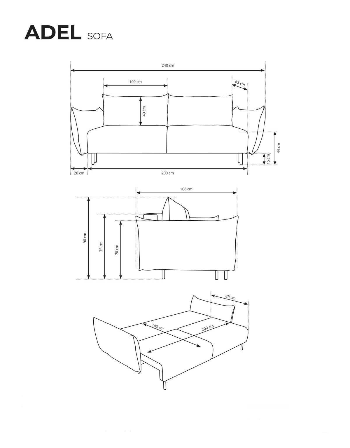 SOFA ADEL - Schlaffunktion Und Bettkasten, Wellenfederung, PUR-Schaum, Schwarze Metallfüße lose Rückenkissen, freistehend, 240x108x75 cm Olive green - Olivgrün, Holz/Textil (240/75/108cm) - DomoHome
