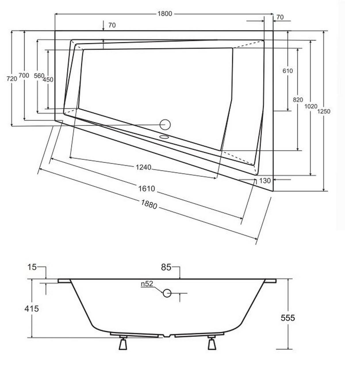 BADEWANNE Eckwanne INTIMA SLIM 180/125 Rechts mit 2/ Kopfstützen Ablauf Füße - Weiß, Kunststoff (125/55.5/180cm) - bad land