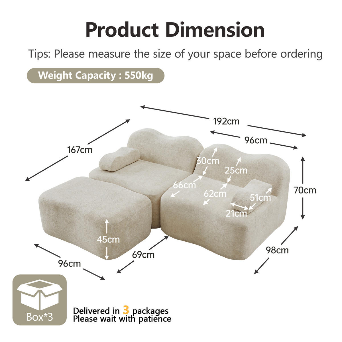 ECKSOFA 192×167×70 cm Velvet rahmenlos modular mit 1 Ottoman, beige - Beige, Textil (167/192cm) - Luhomfu