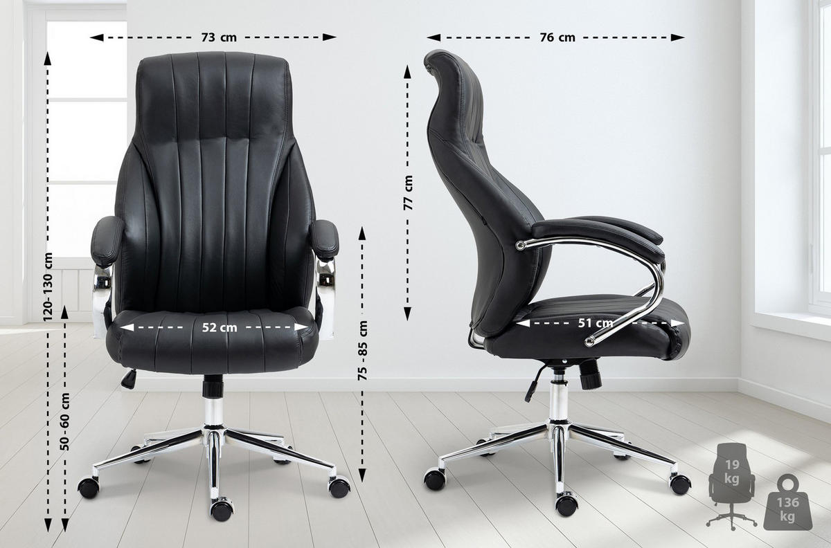 BÜROSTUHL Valyx Echtleder schwarz - Chromfarben/Schwarz, Leder/Metall (73/130/76cm) - TPFLiving