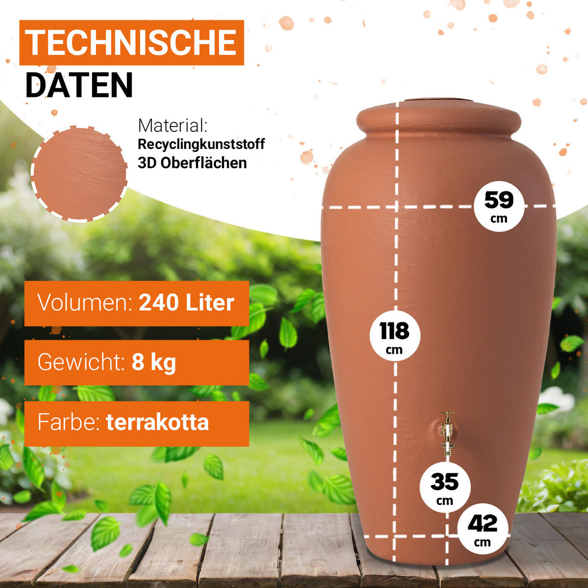 AMPHORE Regentonne 240 L, kotta - Terracotta, Kunststoff (59/118/59cm) - GARANTIA