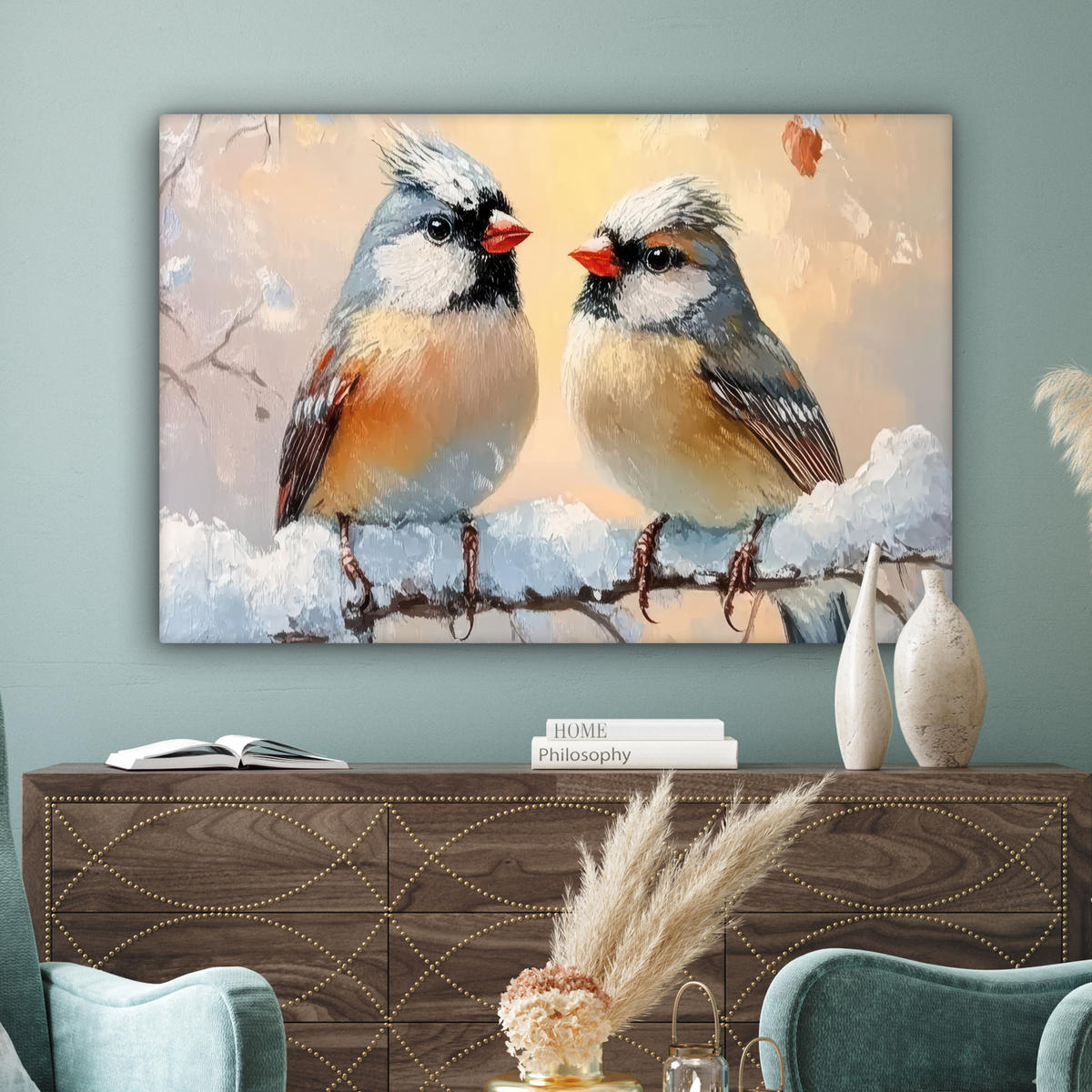 LEINWANDBILD Vögel - Zweig - Winter - Schnee Wohnzimmer Groß 120x80 cm - Pastellblau, Textil (120/80cm) - MuchoWow