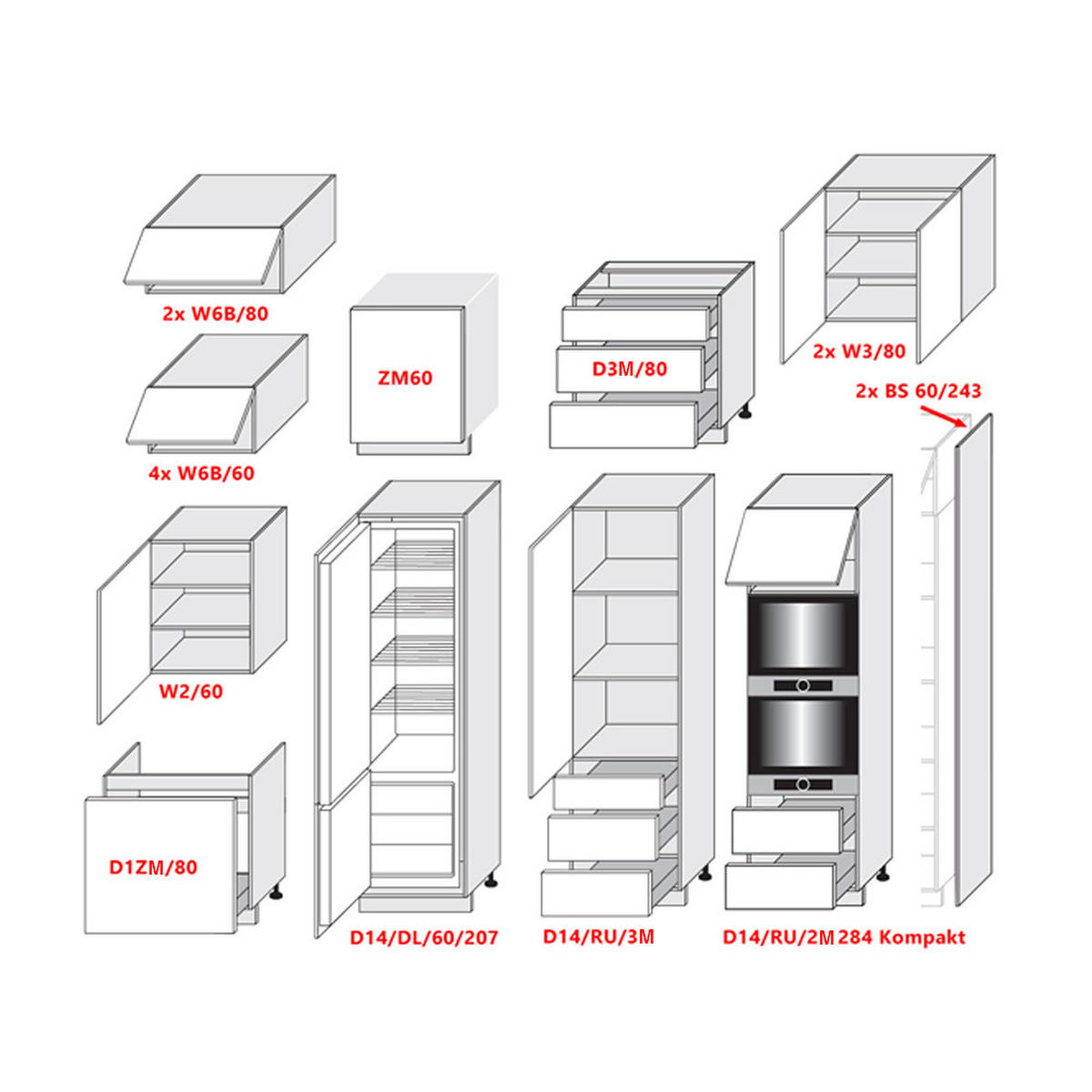 KÜCHENLEERBLOCK Bonn eiche artisan matt / schwarz matt 404 / 60 / 243cm 15-teilig - Schwarz/Braun, Holzwerkstoff/Metall (404/243/60cm) - Feldmann-Wohnen