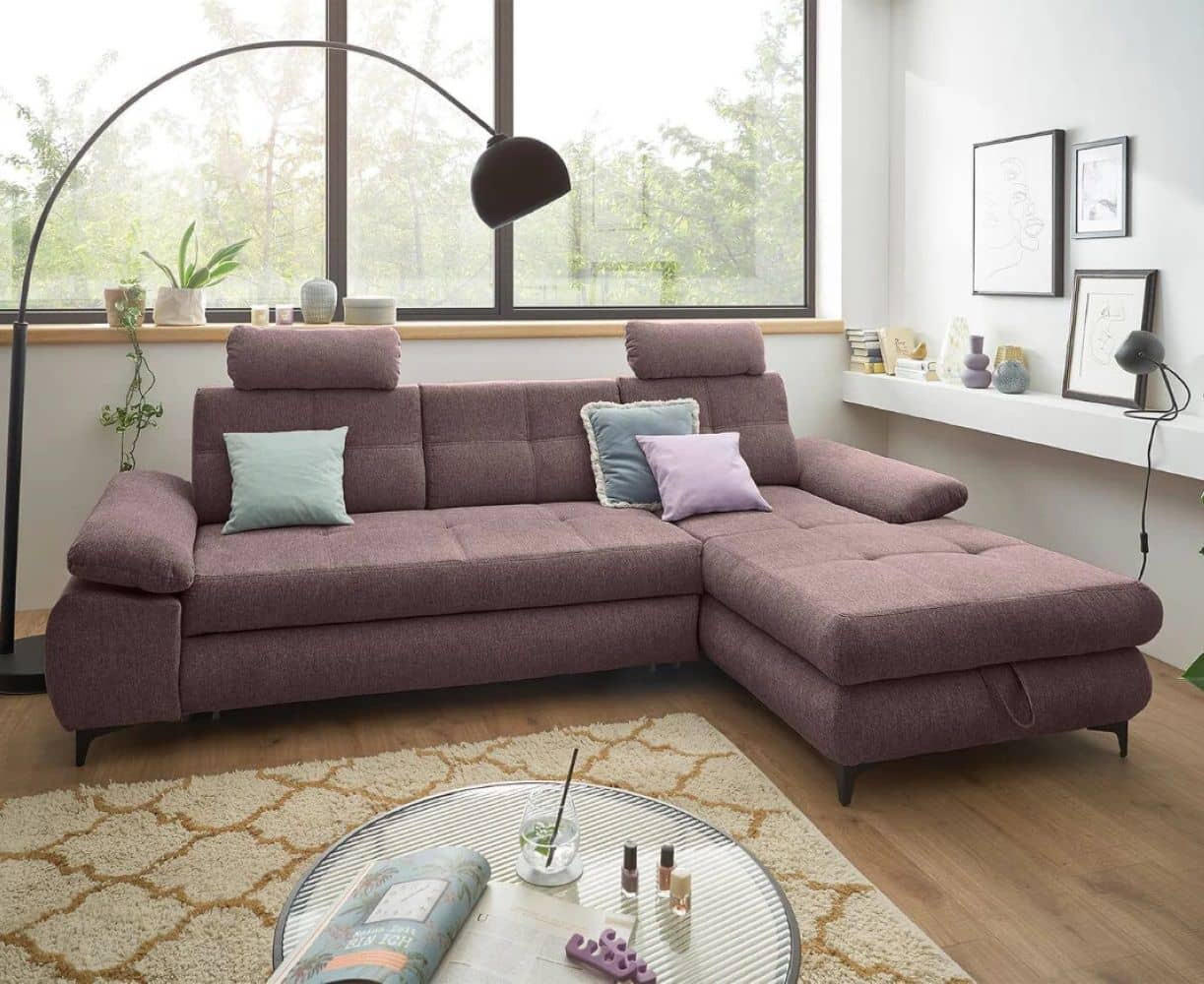 ECKSOFA mit Schlaffunktion und Bettkasten - Aubergine/Schwarz, Kunststoff/Textil (177/274cm) - ed exciting design