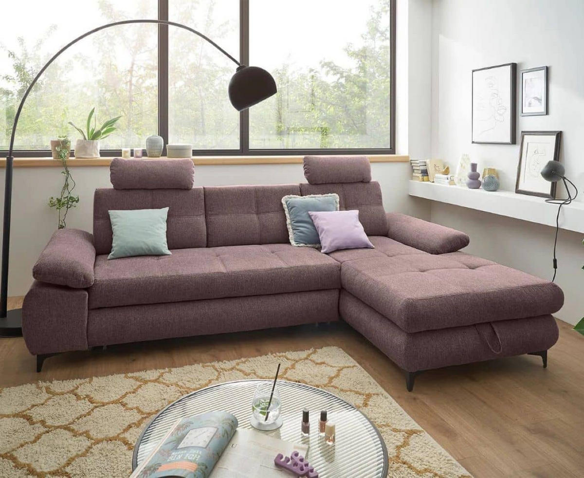 ECKSOFA mit Schlaffunktion und Bettkasten - Aubergine/Schwarz, Kunststoff/Textil (177/274cm) - ed exciting design