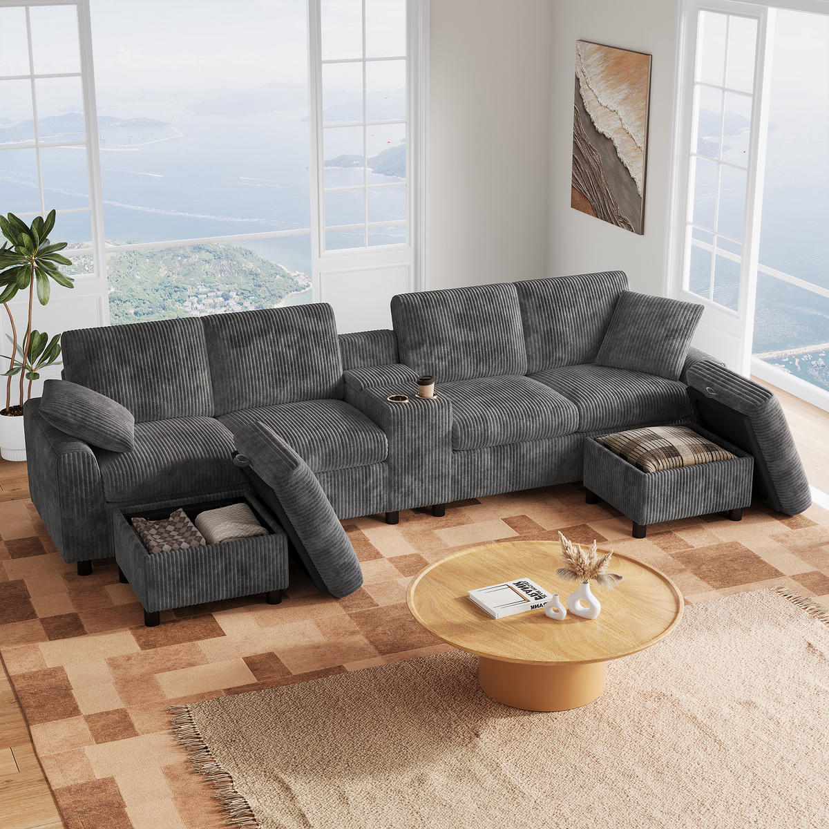 SOFA Grau U-Form Cord Stauraum USB Hocker 315cm Schlaffunktion - Grau, Textil (135/81/315cm) - FLIEKS
