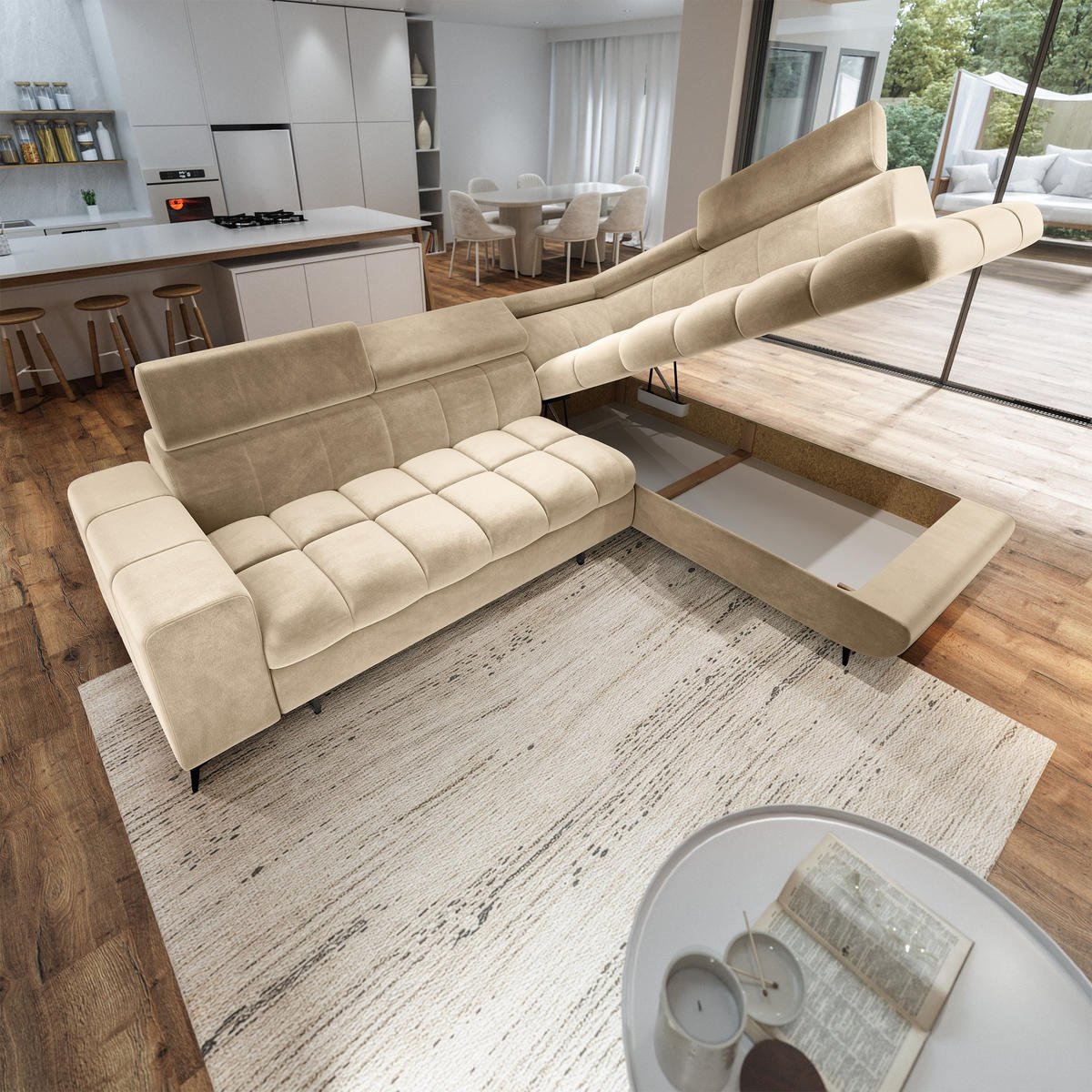 ECKSOFA MORIVA R-S Creme Velours-Stoff mit Schlaffunktion - Creme, Holz (253/190cm) - MASSENO