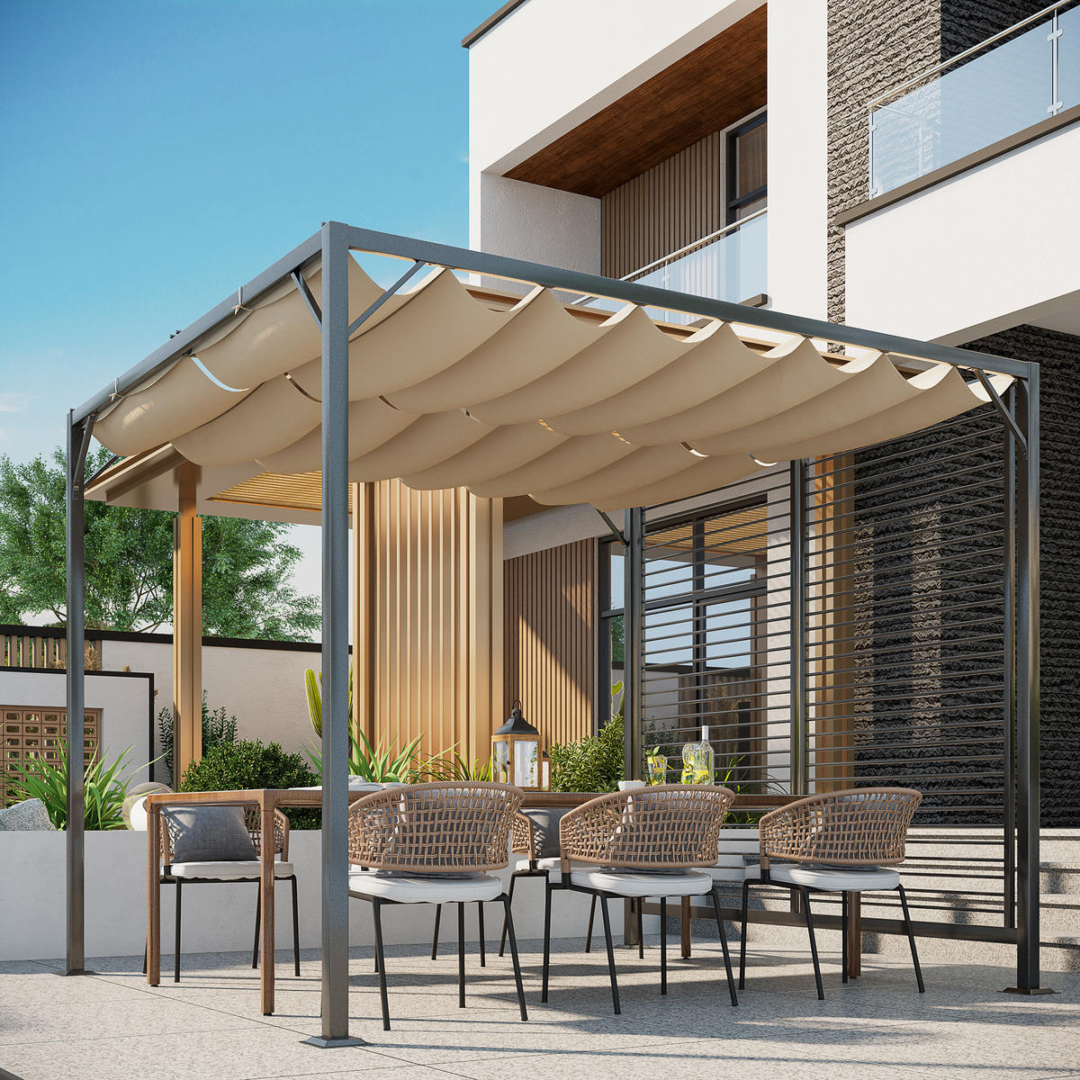 PAVILLON, Pergola, Polyester, Beige - Dunkelgrau/Beige, Kunststoff/Metall (280/238/300cm) - Outsunny