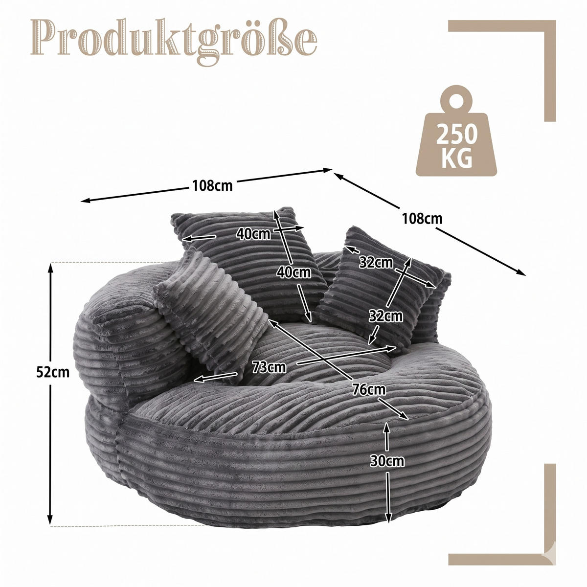 SEDACÍ VAK manšestr tmavě šedý s opěradlem a 3 polštáři - tmavě šedá, textil (108/52/108cm) - Urban Meuble