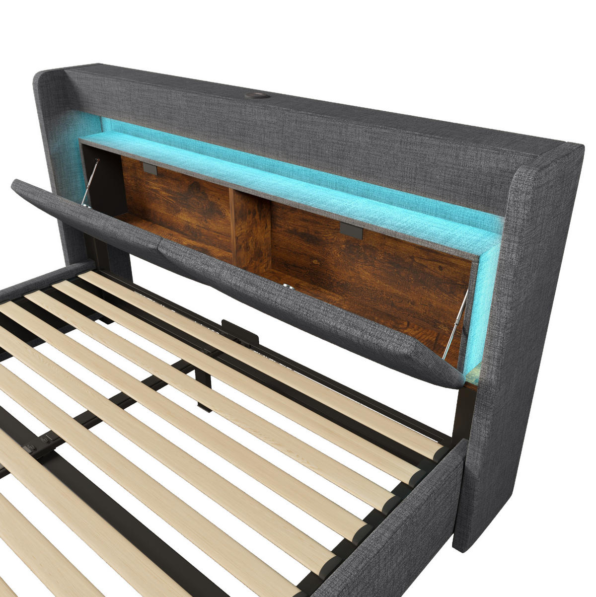POLSTERBETT aus Leinen 140x200 cm Grau mit hydraulischem Stauraum, LED, USB und USB-C - Grau, Textil (140/200cm) - IVMEU