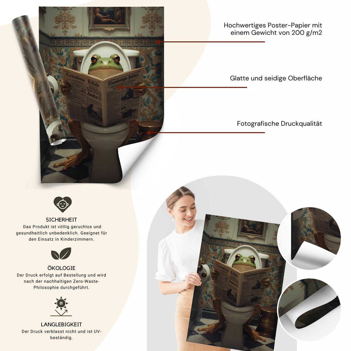 POSTER für WC Badezimmer FROSCH in Toilette Retro Zeitung Abstraktion 50x70cm - Beige/Schwarz, Papier (50/70/70cm) - Muralo