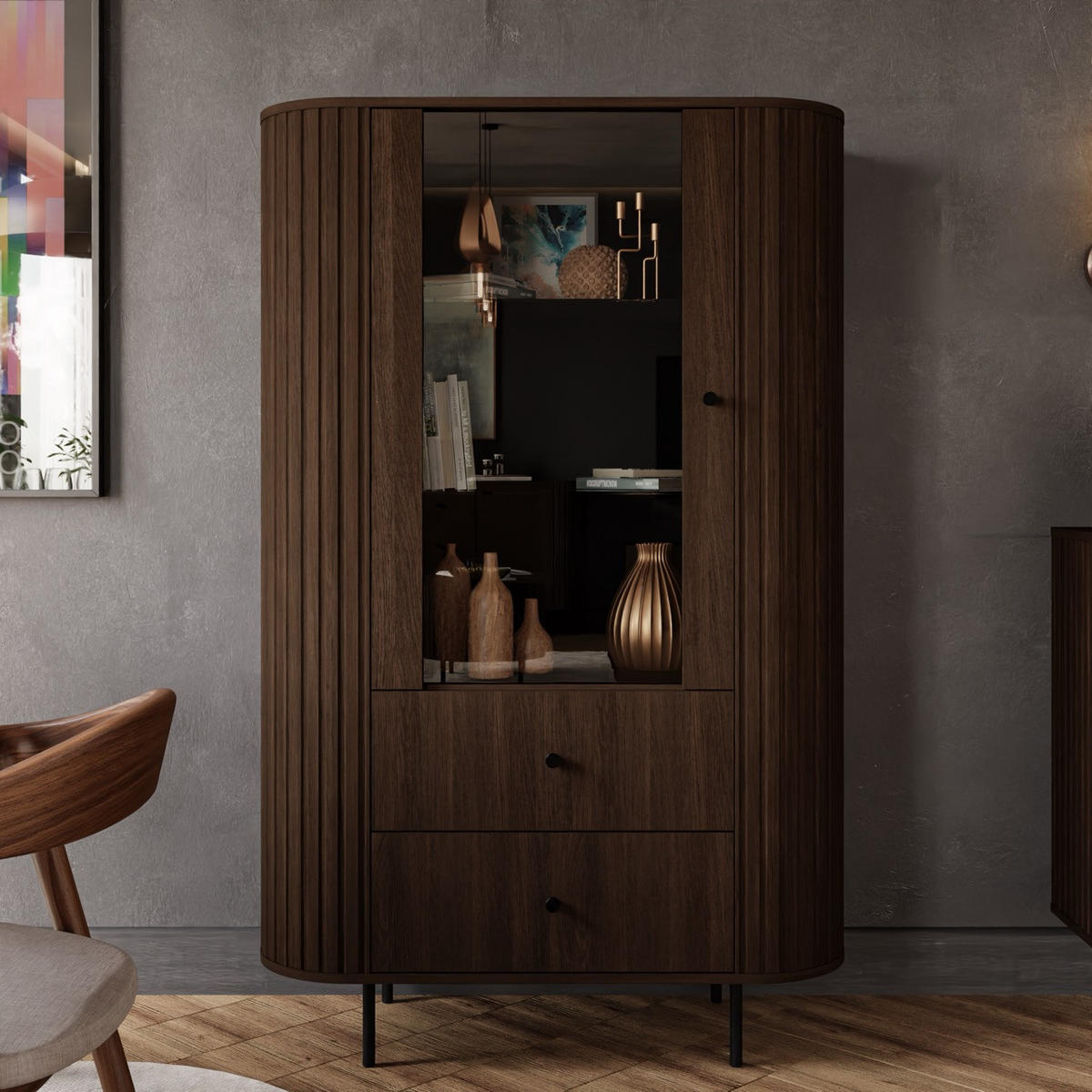 VITRINE Olivia 97 cm, mit Glastüren, 2 Schubladen und geriffeltem Design, dunkelbraun und schwarzfarbenen Metallfüßen - Dunkelbraun, Metall (97/155/43cm) - Margaret Hadas24
