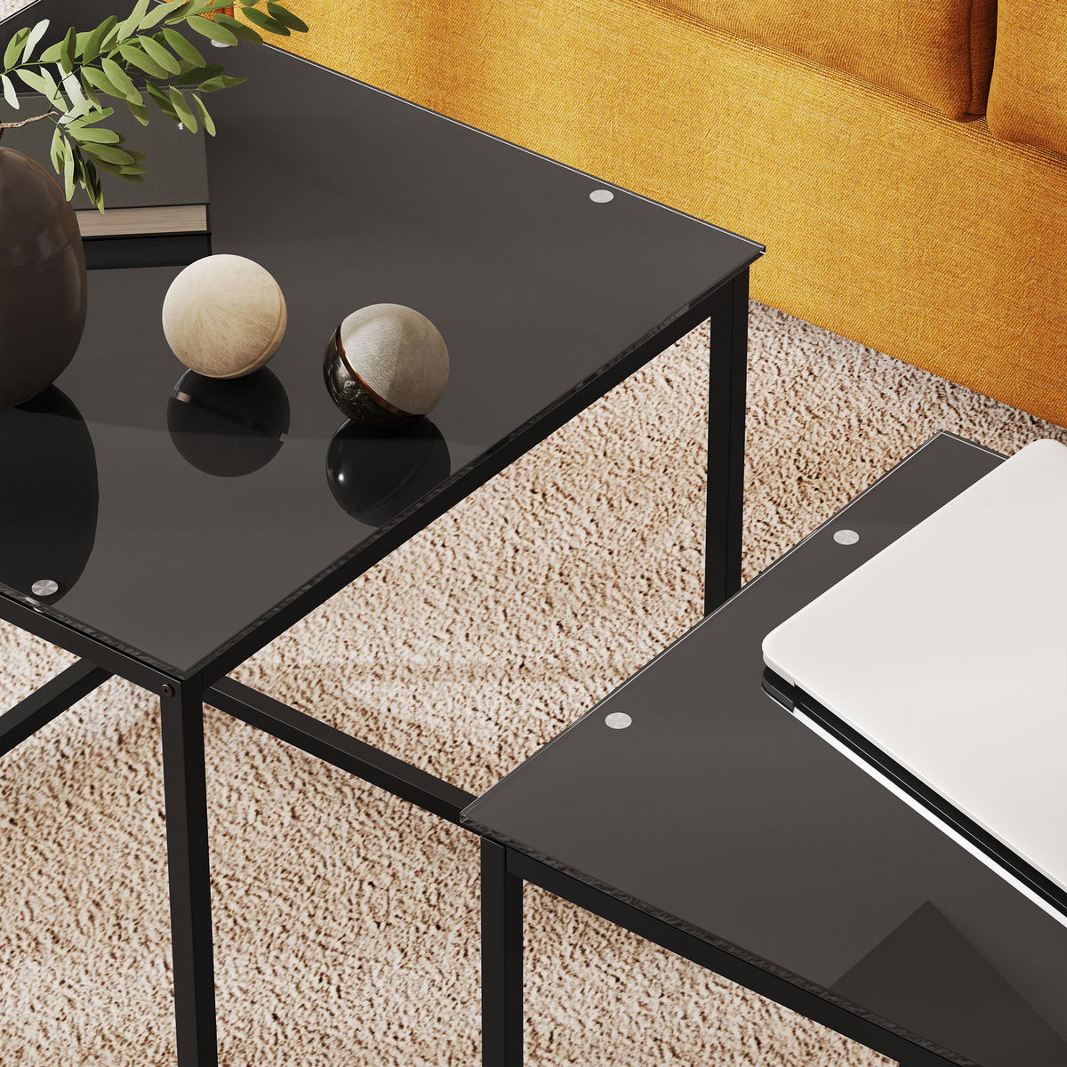 BEISTELLTISCH 2er-Set Glas-Stahl - Schwarz, Metall (50/50/52cm)