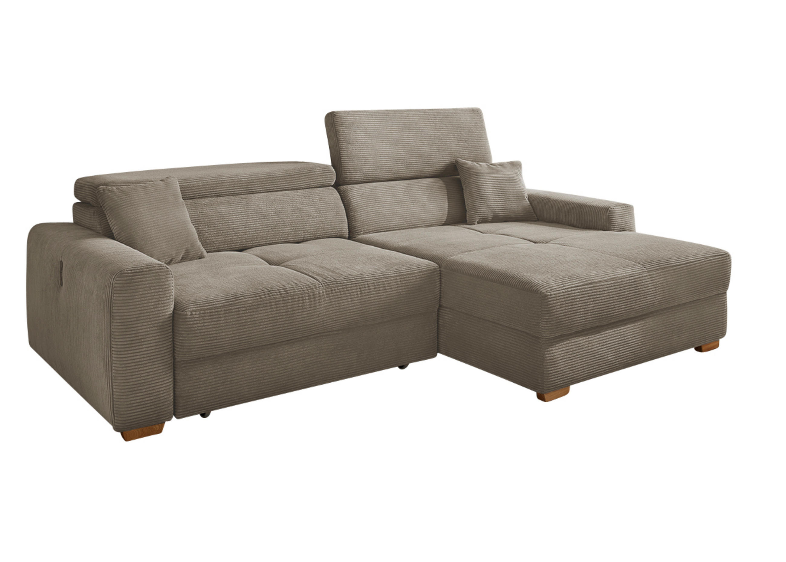 ECKSOFA mit elektrischer Sitztiefenverstellung, Kopflehnen verstellbar, USB-A und USB-C Ladefunktion B277/T187/H109 cm, Cord Braun Taupe / 15401 - Taupe/Eichefarben, Eichenholz/Textil (277/187cm) - luma-home