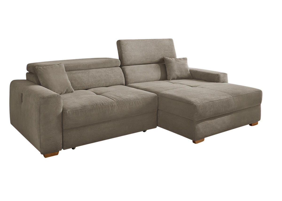 ECKSOFA mit elektrischer Sitztiefenverstellung, Kopflehnen verstellbar, USB-A und USB-C Ladefunktion B277/T187/H109 cm, Cord Braun Taupe / 15401 - Taupe/Eichefarben, Eichenholz/Textil (277/187cm) - luma-home