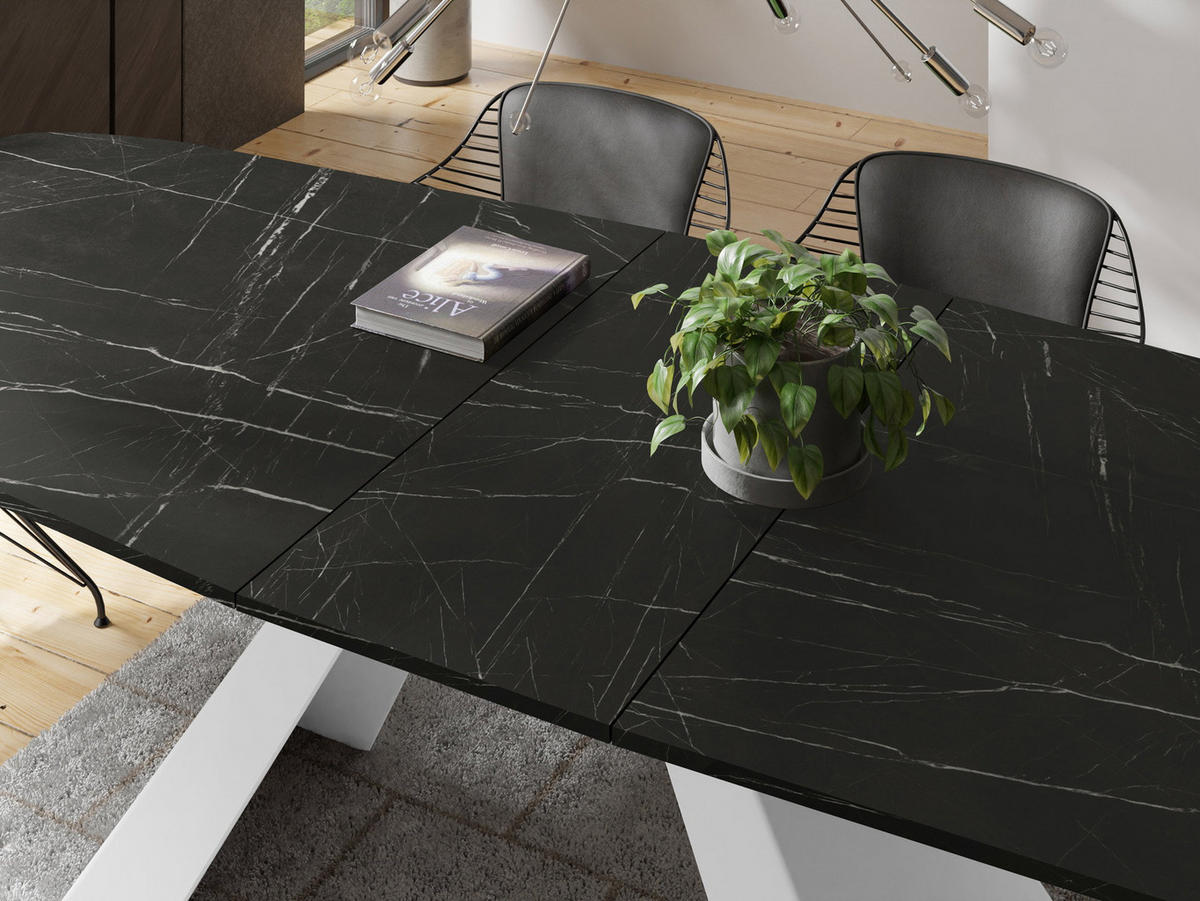 ESSTISCH Monte Weiß rechteckig ausziehbar, Marmor Schwarz 180-220/90/76 cm - Anthrazit/Schwarz, Holzwerkstoff/Metall (90/218/76cm) - WFL GROUP