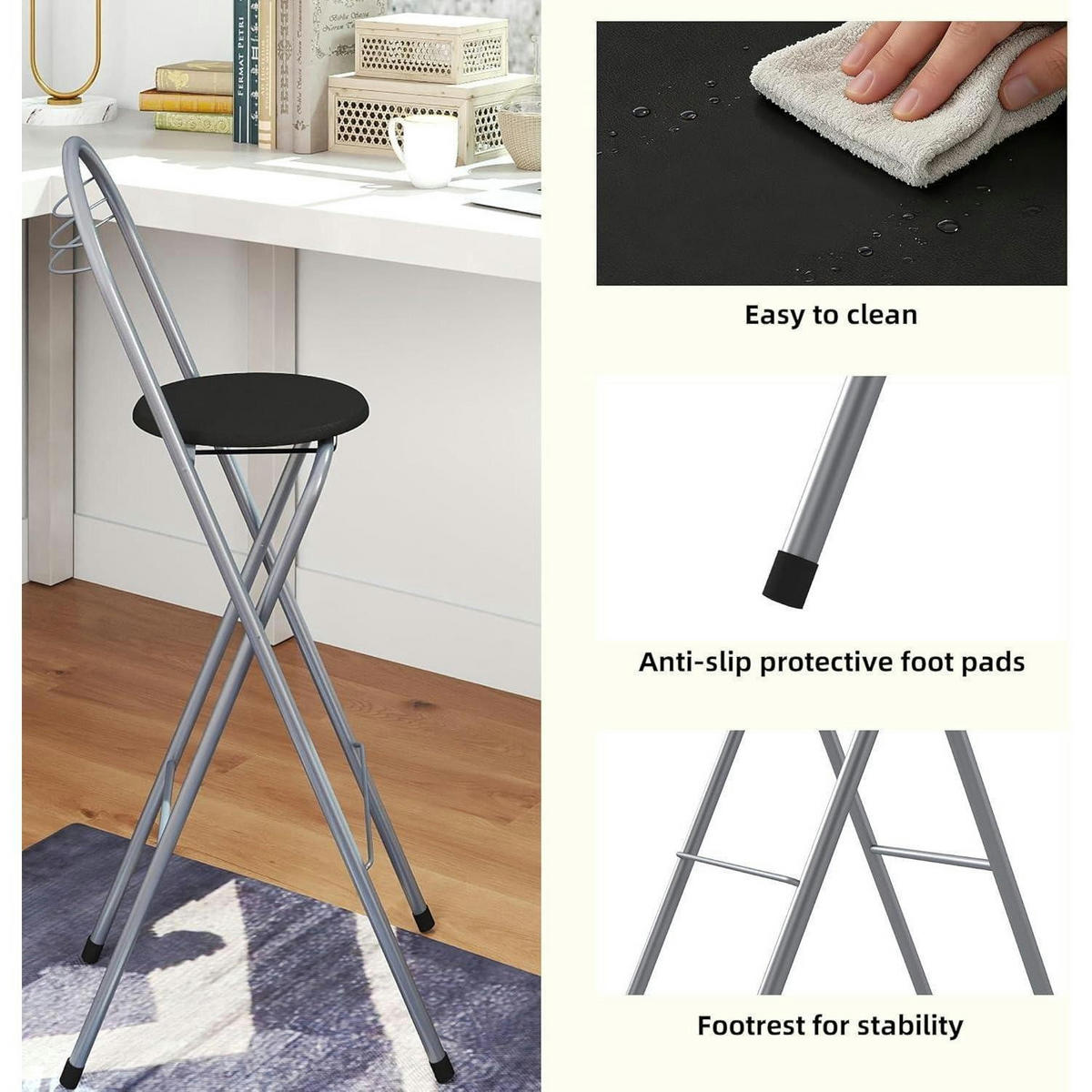 BARHOCKER Klappbar mit Lehne Schwarz/Silber 75 cm - Multicolor, Metall (38/107/48cm)