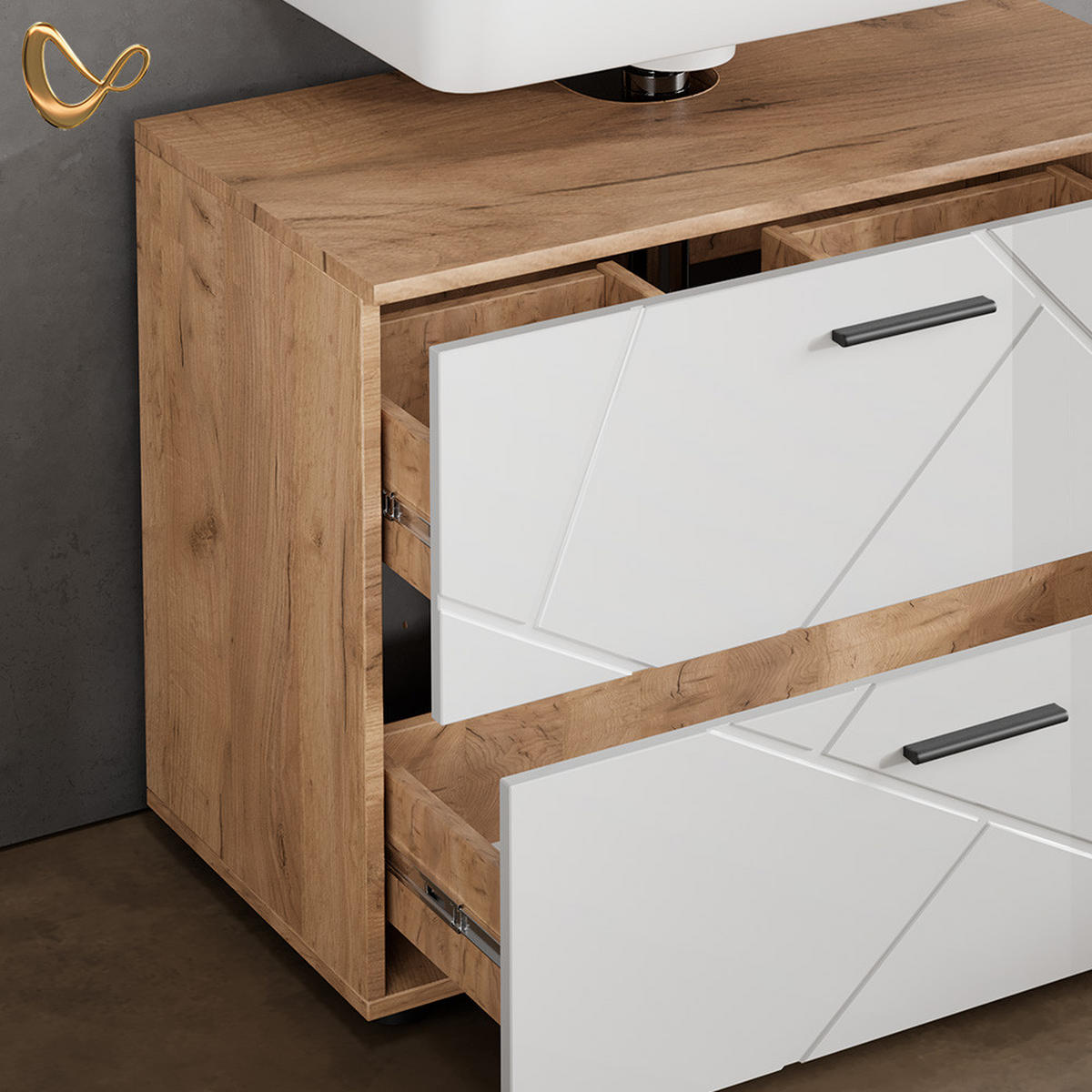 BADMÖBEL-SET Ronco Weiß Hochglanz/Goldkraft Eiche 2 Teile - Weiß Hochglanz/Eiche Wotan, Holzwerkstoff (80/55/41cm) - Livinity®