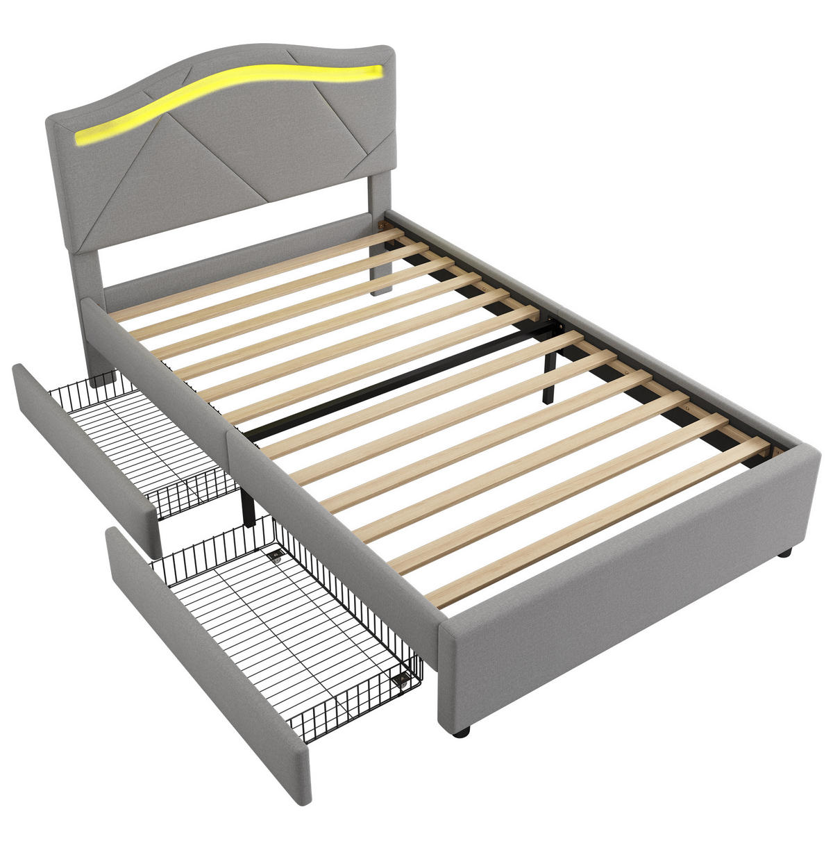 POLSTERBETT aus Leinen und MDF 90x200 cm Grau mit LED-Beleuchtung, 2 Schubladen und Lattenrost - Grau, Textil (90/200cm) - IVMEU