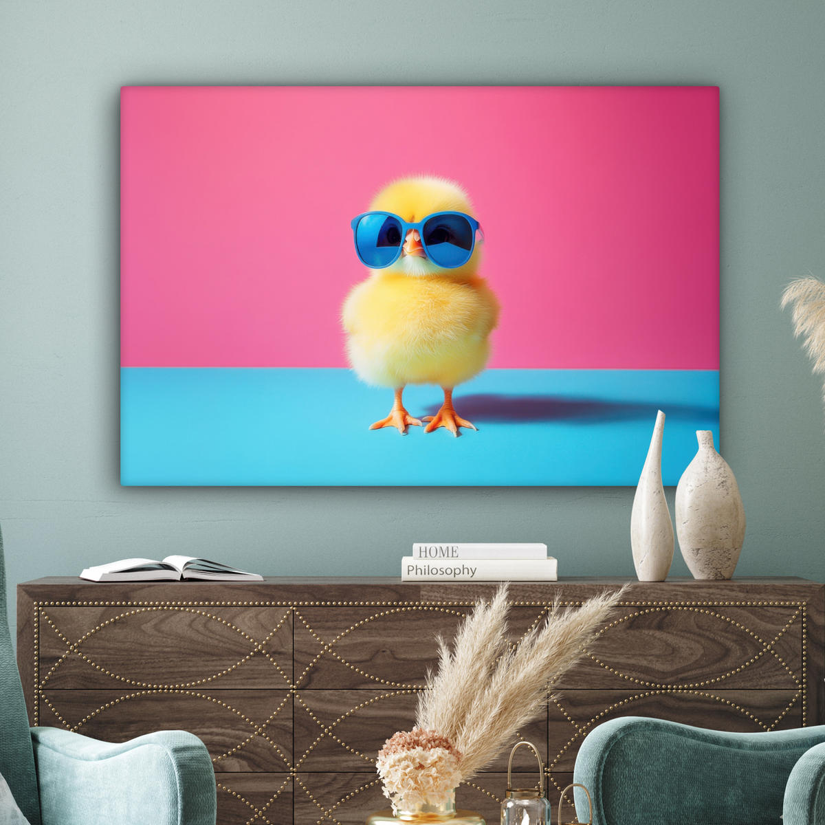 LEINWANDBILD Chick - Sonnenbrille - Blau Groß 140x90 cm - Pink/Gelb, Textil (140/90cm) - MuchoWow