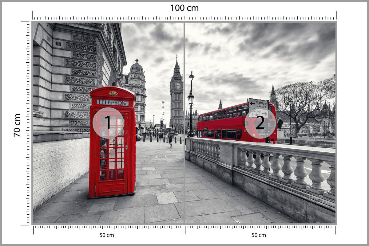 FOTOTAPETE für Wohnzimmer Rote Telefonzelle London Monument BIG BEN Bus 100x70 - Rot/Weiß, Papier (100/70cm) - Muralo