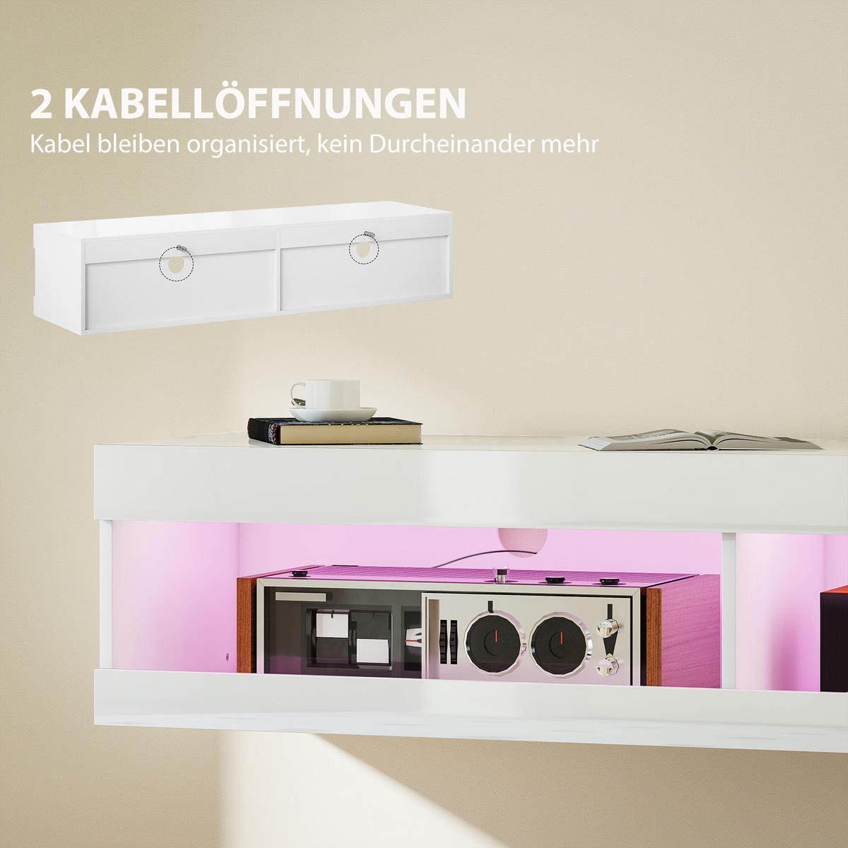 TV Schrank, Hängendes TV Lowboard mit RGB LED-Beleuchtung, offenen Stauraum - Weiß Hochglanz, Holzwerkstoff (40/30/140cm) - HOMCOM
