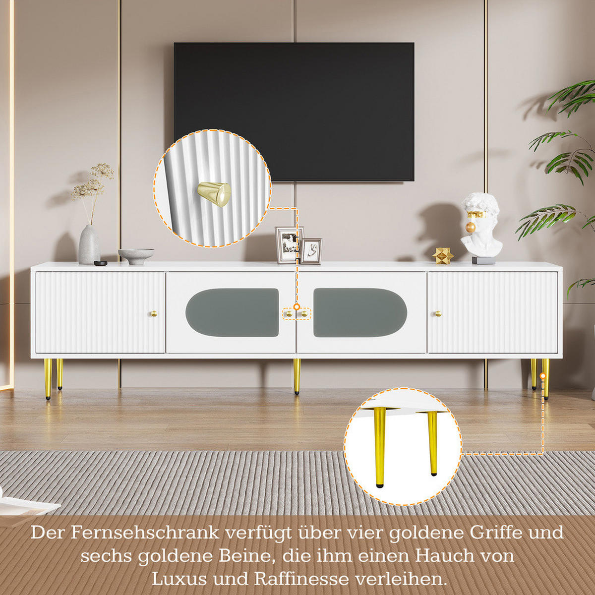 TV-SCHRANK 170x35cm Weiß mit goldenen Beinen & Griffen 4 Türen 35KG - Weiß, Holz (45/23.5/95cm) - FLIEKS