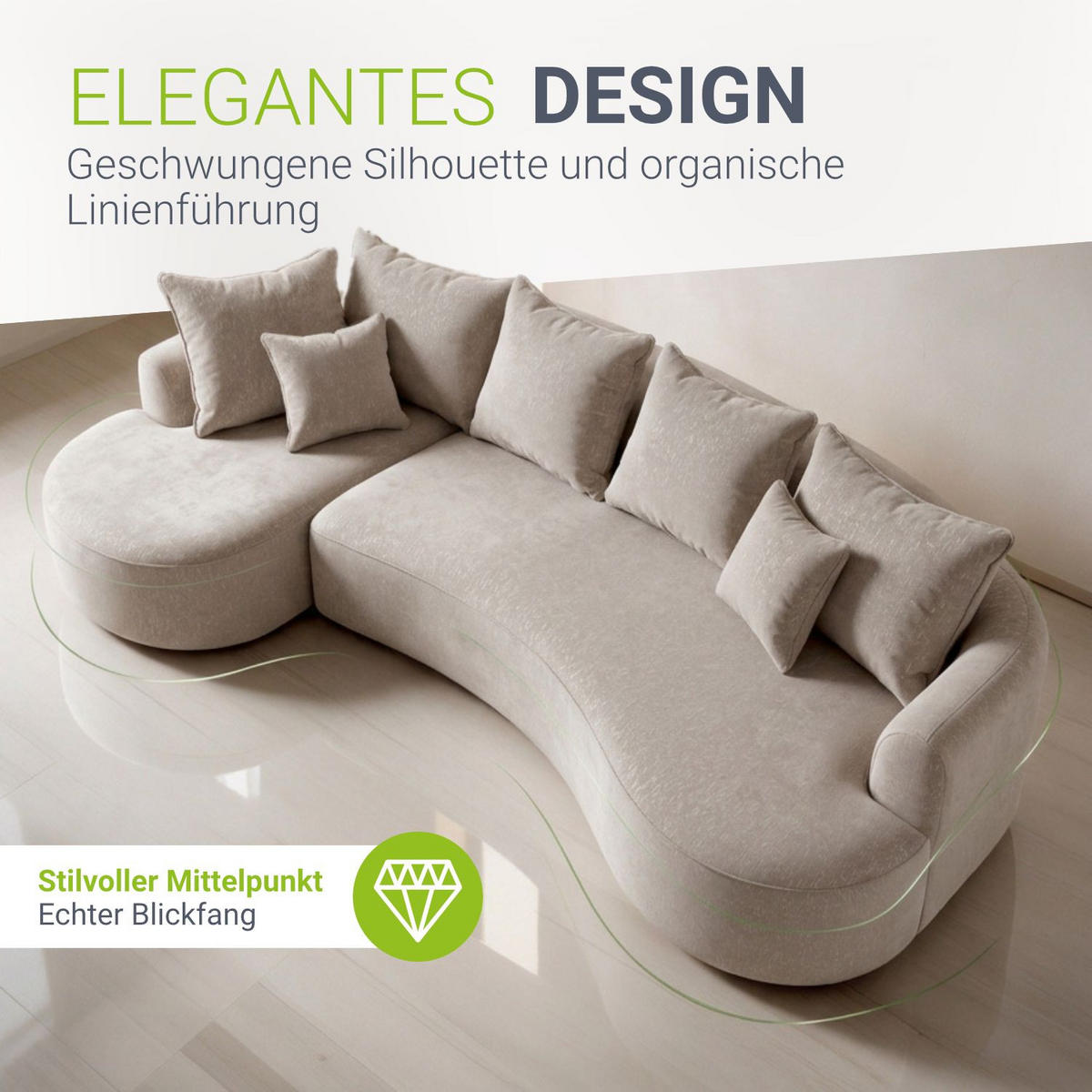 SOFA Tirano Samt Beige mit Ottomane links - Beige, Textil (102/300cm) - Juskys