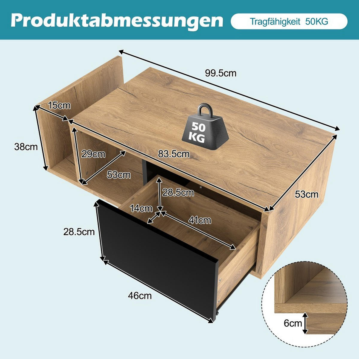 COUCHTISCH mit Intelligenter LED-Sensorik, Metall- und Holzstruktur, Naturfarbe - Naturfarben, Holz (99.5/53/38cm) - KOMHTOM