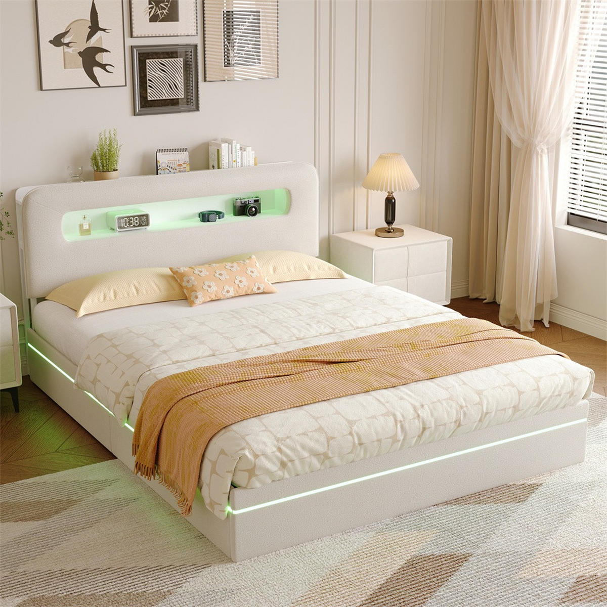 POLSTERBETT 140x200cm mit hydraulischer Hebefunktion und LED-Beleuchtung - ohne Matratze - Beige - Beige, Textil (140/200cm) - DELFA