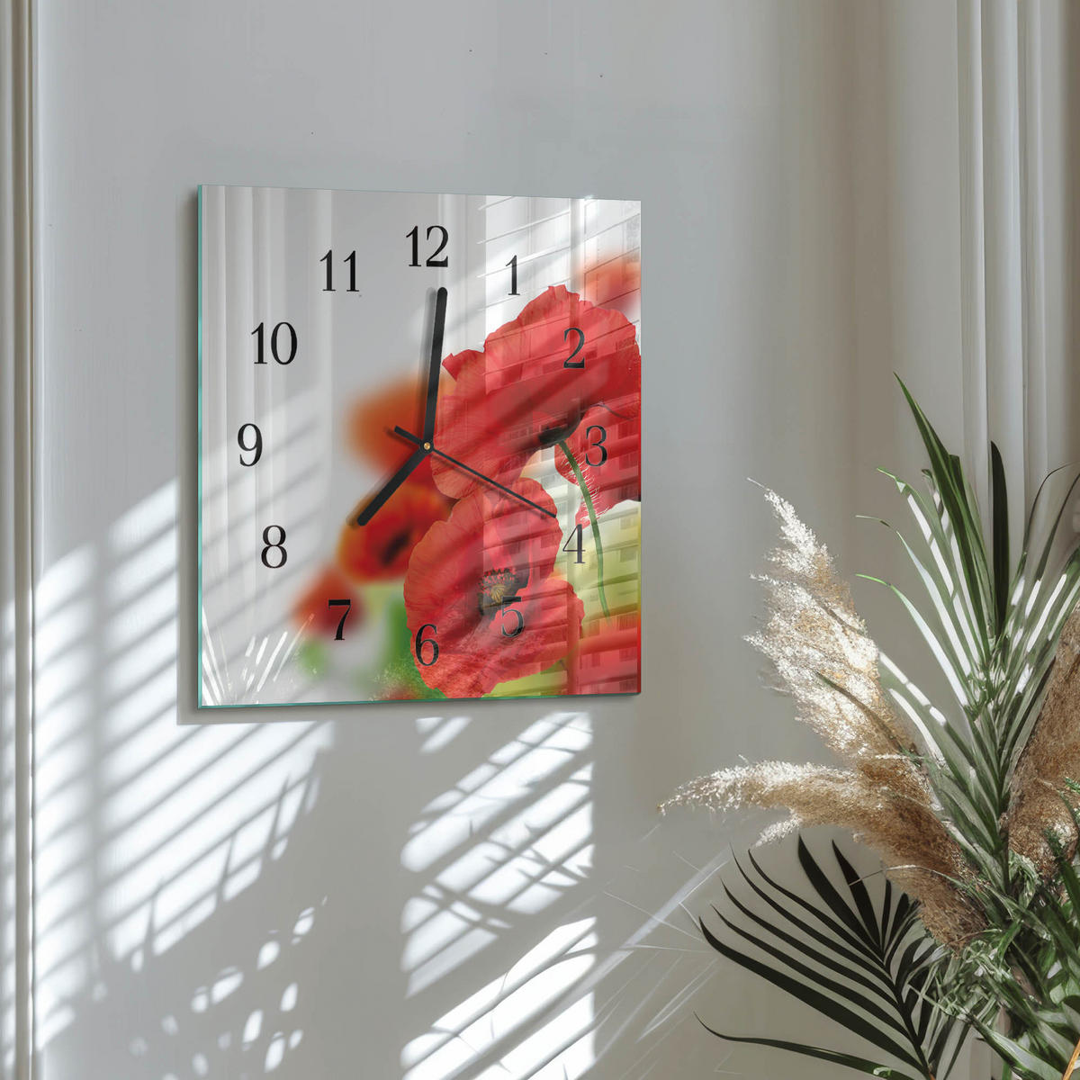 WANDUHR 30x30 cm - Mohnblumen - Rot, Glas (30/30/0.4cm) - TULUP