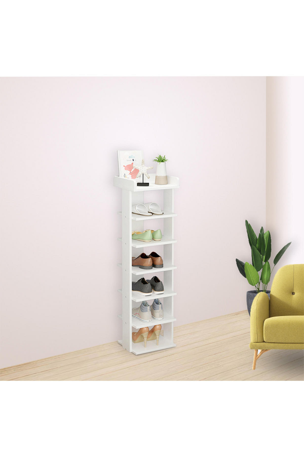 SCHUHREGAL 7-Stufige aus MDF in Weiß Stabile Konstruktion Offene Ablage Platzsparendes Design 25 x 27 x 104 cm - Weiß, Kunststoff (25/104/27cm) - Livingandhome