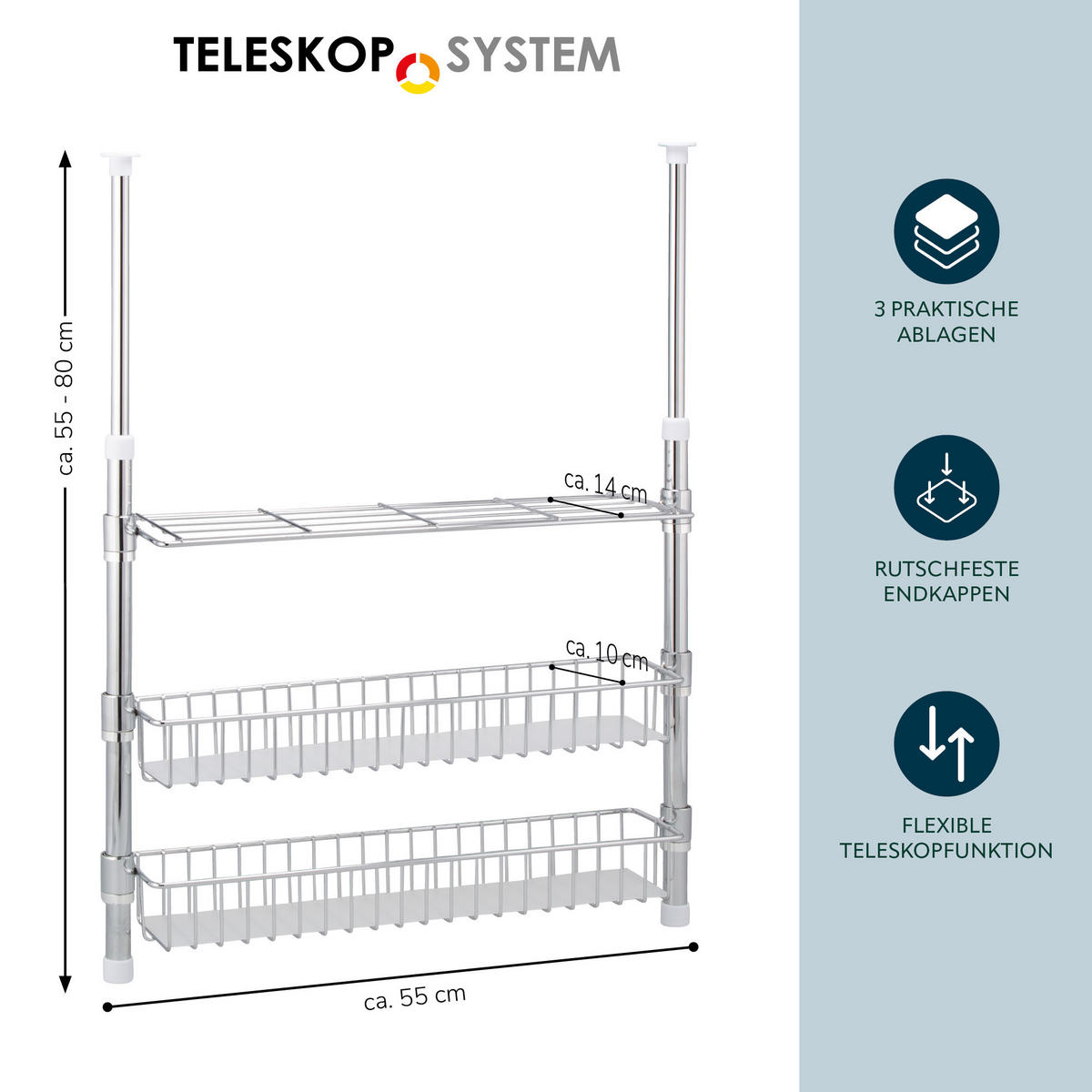 TELESKOP-GEWÜRZREGAL, silber, Metall - Chromfarben, Metall (55/80/14cm) - bremermann