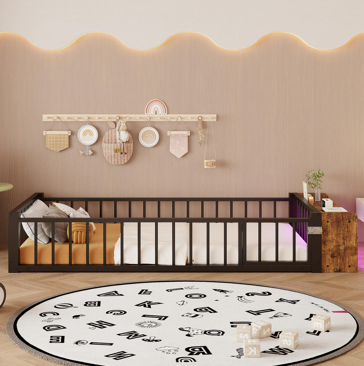 KINDERBETT 90/200 cm aus Metall mit Schutzgeländer, Stauraum und LED - Schwarz, Holzwerkstoff (90/200cm) - BEAOK