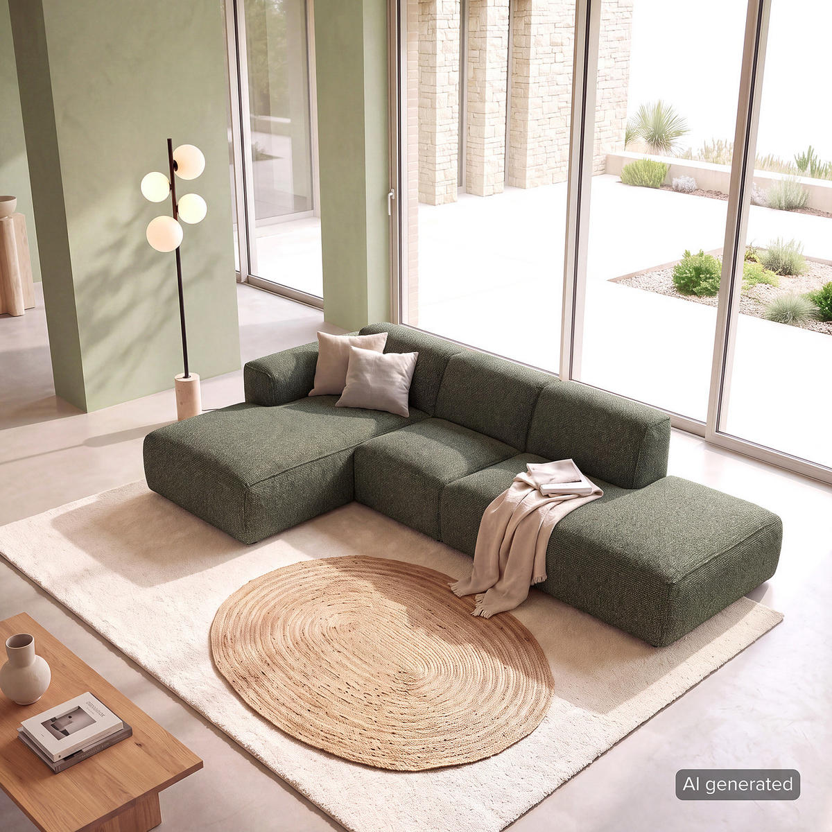 ECKSOFA mit Chaiselongue - Schwarz/Grün, Kunststoff/Textil (290/173cm) - home24